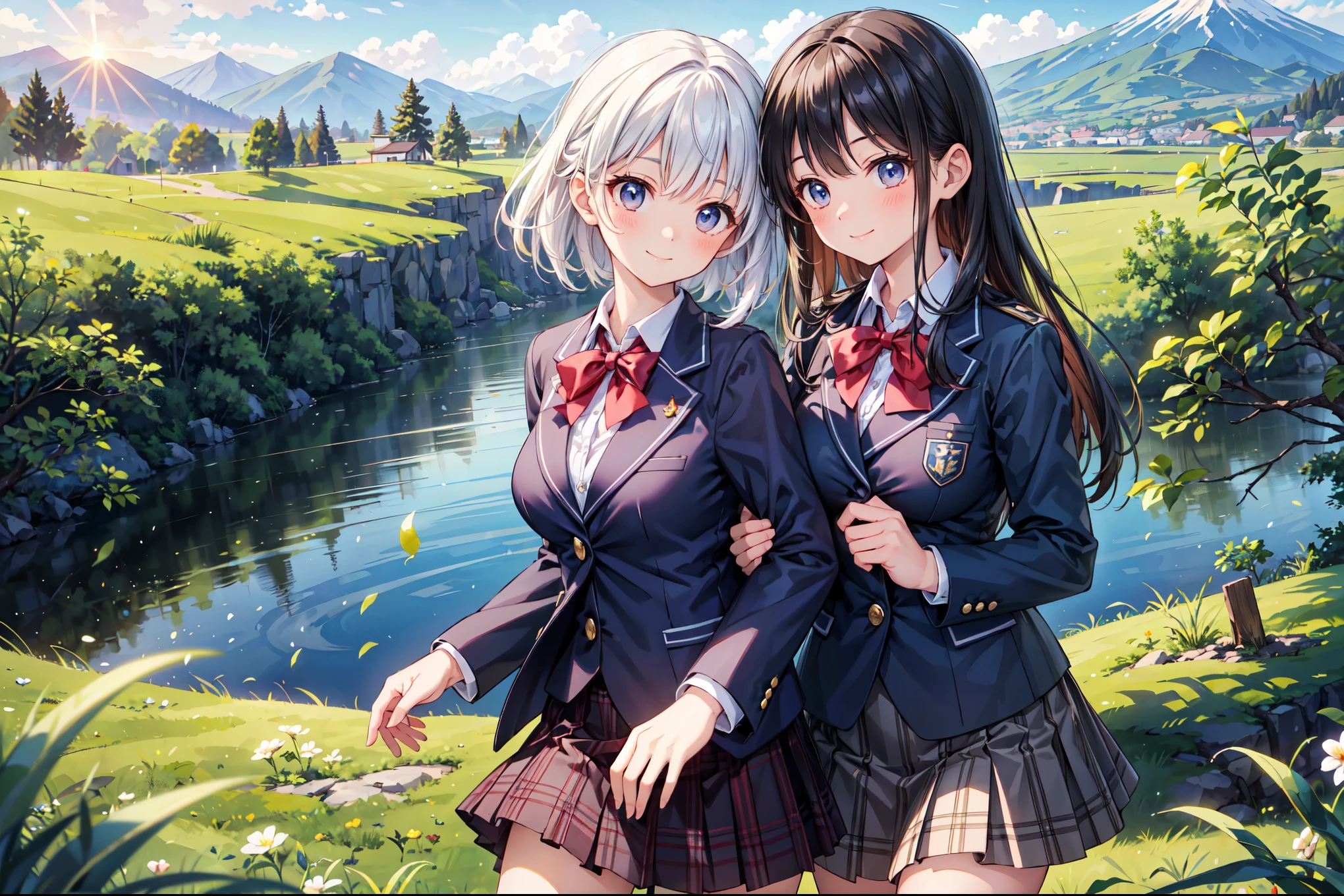 (((Masterpiece, 16k, Highest quality, Ultra-high resolution, Depth of subject))), ((Very detailed, Japanese countryside scenery)), (((High school girl in blazer uniform, 2 people, skirt, Big Breasts))), ((Beautiful girl in great detail)), (((Very accurate body structure, Very precise body movements))), ((Very cute smile)), On the way home, 3pm, A peaceful landscape with a view of the sea, Warm sunshine, Grass Park, chat, We love each other, Touching each other&#39;s breasts, Naughty feelings, The love is unstoppable, hug, Very accurate perspective