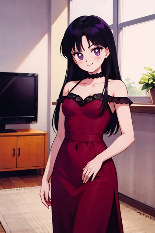 1 girl, solo, Rei Hino, Long Black Hair, Purple eyes, bare shoulders, a red maxi flamenco dress, smile, living room, indoors cowboy shot, facing viewer, absurdres, ultra detailed, masterpiece, best quality, Teenager, window of a Halloween night, arms at sides.