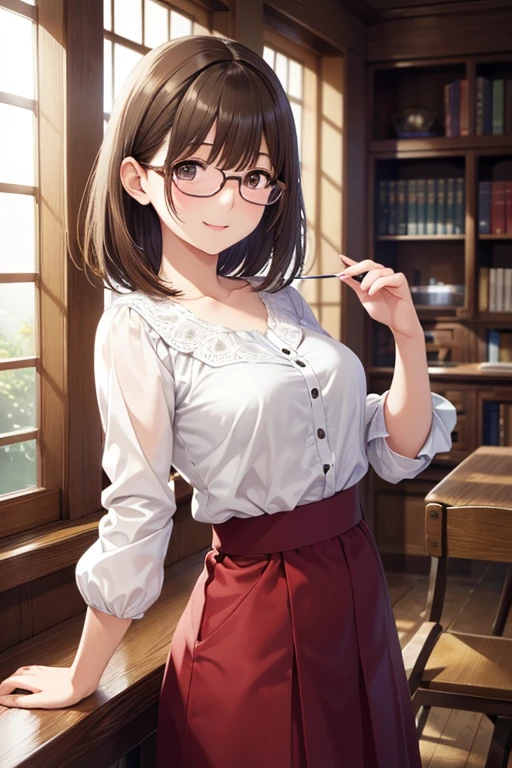 ((highest quality)),(ultra high resolution),(Super detailed),(detailed description),((best CG)),(best work of art),super precision art,great drawing art,(Art with precise details:1.5), (1 woman:1.5),Beautiful face 1.5,natural makeup:1.6,(In a shirt:1.5),Glasses:1.4,,big breasts:1.4,Tight Skirt:1.3,