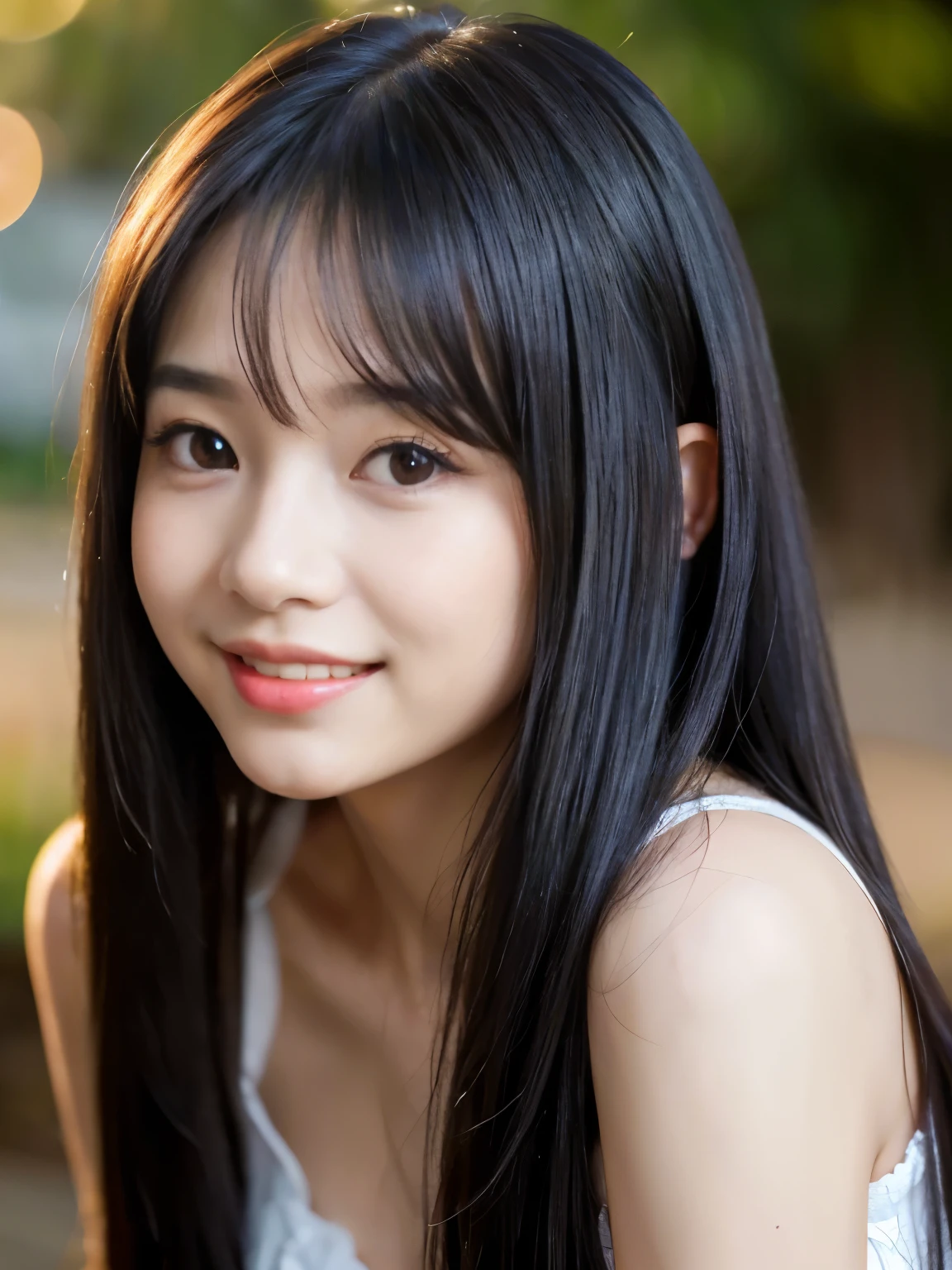 (Best-quality, Masterpiece, Ultra-High-Resolution, (Photorealistic:1.4), Raw Photo, depth of field, professional lighting), (1girl, , cutest Japanese-idol), looking at viewer, (((cutest smile))), ((cutest pose)), ((cutest babyish-face, (((cutest and biggest round-babyish-eyes))), (((most realistic skins))), most beautiful long-straight-black-hair, cutest long-eyelashes, cutest moist-lips))