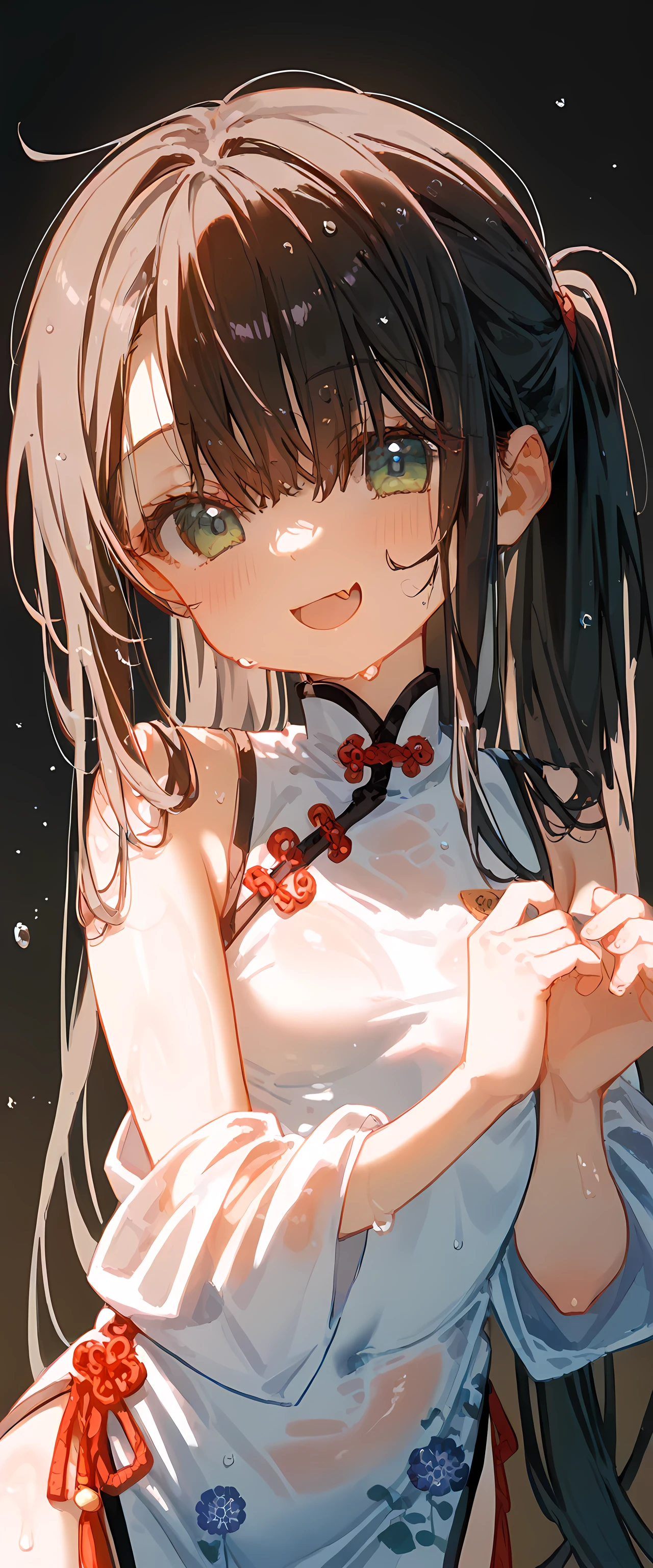 background((White))(A high-resolution masterpiece, 超High resolution, high detailed, High resolutionモデル, Best Quality:1.2)Very young,Black Hair Japanese,Young girl,White skin,Oily, Sweaty skin, Shiny black bangs, Highlight color hairstyle,Inner Color, Behind the ear,Wet Hair,Middle ponytail hair, Diagonal bangs, Hair covering the eyes:1.3, Cookhold Subjective(masterpiece:1.5), Super detaileded, High resolution, 8k, Beautiful green eyes、detailed, 1 cute girl,Middle ponytail hairの小さい女の子, Blue droopy eyes, Small breasts,Small breasts,Chinese dress costume,Fang Smile,Jet black hair