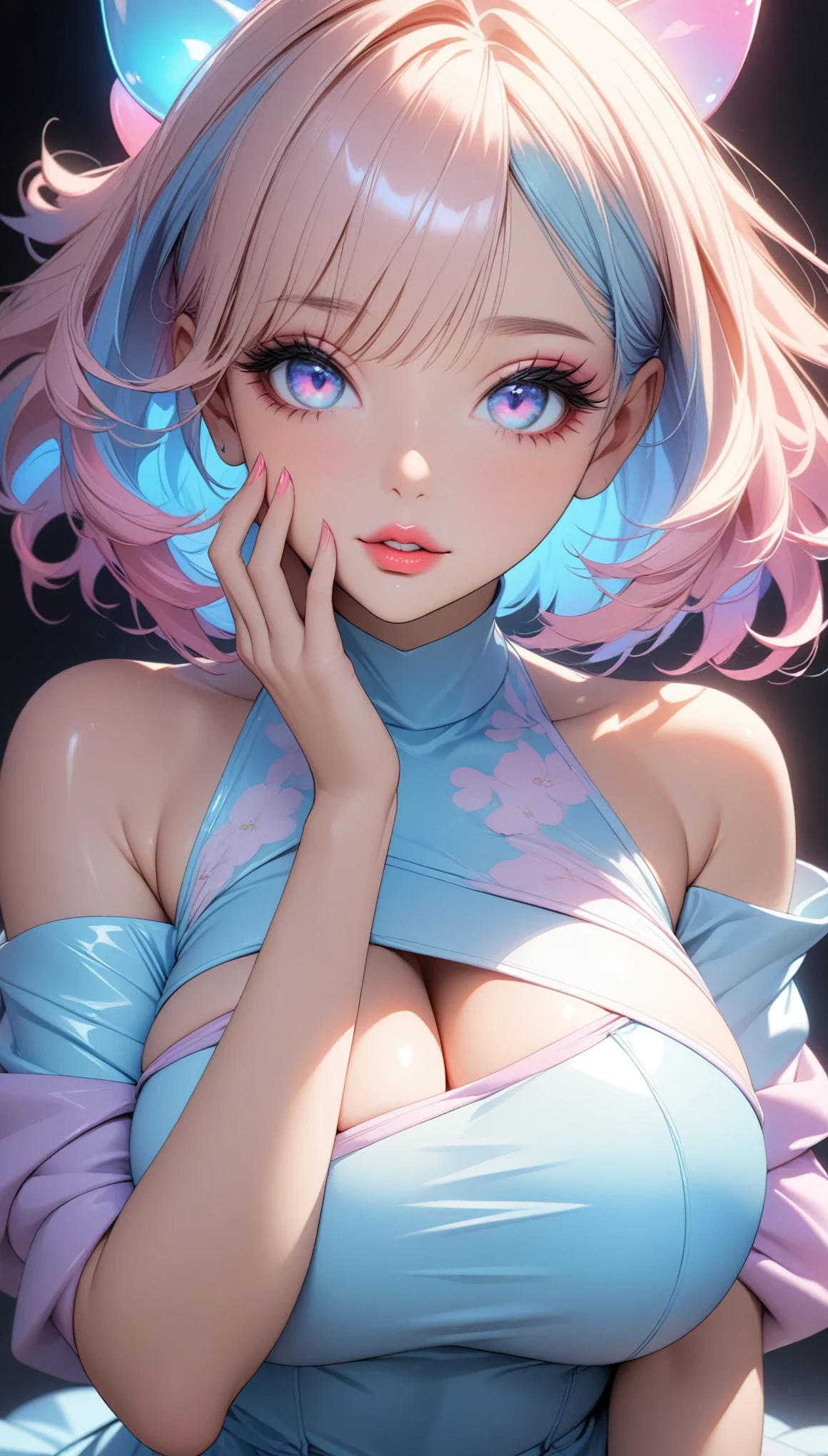 A with pink hair and blue short top, Girl Portrait,  realistic art style, 8k high quality detailed art, Beautiful digital artwork, Pink Girl, anime colored, Kawaii realistic portrait ,,Beautiful breasts, Huge breasts, Tempting figure, full-body shot ,Upper Body, Dynamic poses ,Pink gradient background