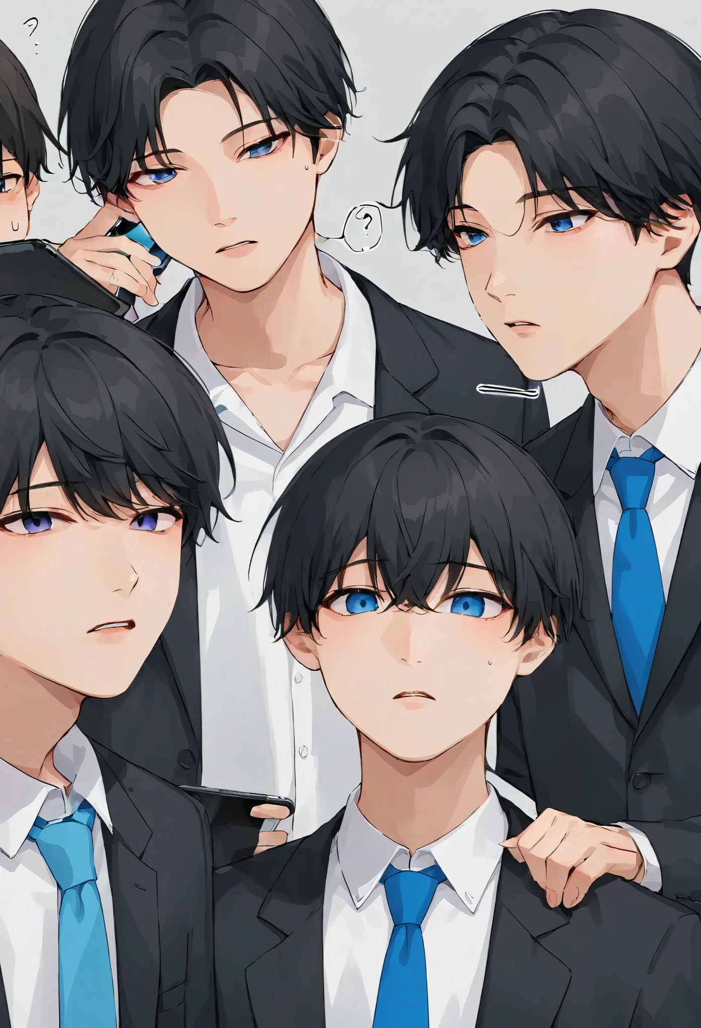 20 year old male, 2 men、suit, Black Jacket, White shirt, Blue tie, Perfect Face、Capture the whole picture、Call on smartphone、Highest quality、Crisp illustrations、Junior being scolded by senior、All different faces、
