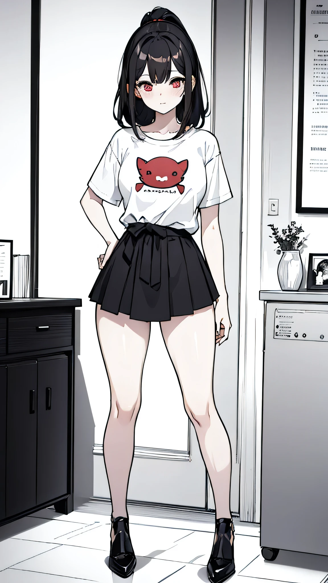 Using pantimedias, Waist length wavy black hair, penetrating gaze with deep red eyes, average height, waist-length black hair, Silky hair with a ponytail hairstyle gathered with a red bow with two white lines, has a vagina, has breasts, breast cup to, small breasts, slim, foreground, session, standing in her room, standing in her room, wearing pantyhose, Using pantimedias, Picardias, neckline, looking at the viewer, lewd smile, ((oversized t-shirt)), off the shoulders, washing machines, thighs, ((white t-shirt)), standing, hands on hips,, shoes, blush, from below, thighs gorditos, thighs grandes, big butt, hands behind back, lost look
