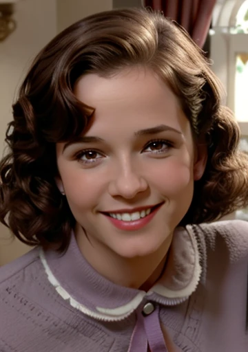 real, atmospheric scene, masterpiece, best quality, (detailed face, detail skin texture, ultra-detailed body),(cinematic light:1.1),
1girl, bttflorraine-smf, solo, smile, brown hair, brown eyes, realistic, short hair, grin, blurry, teeth, curly hair, collared shirt, lips, upper body, skirt,  cum facial 