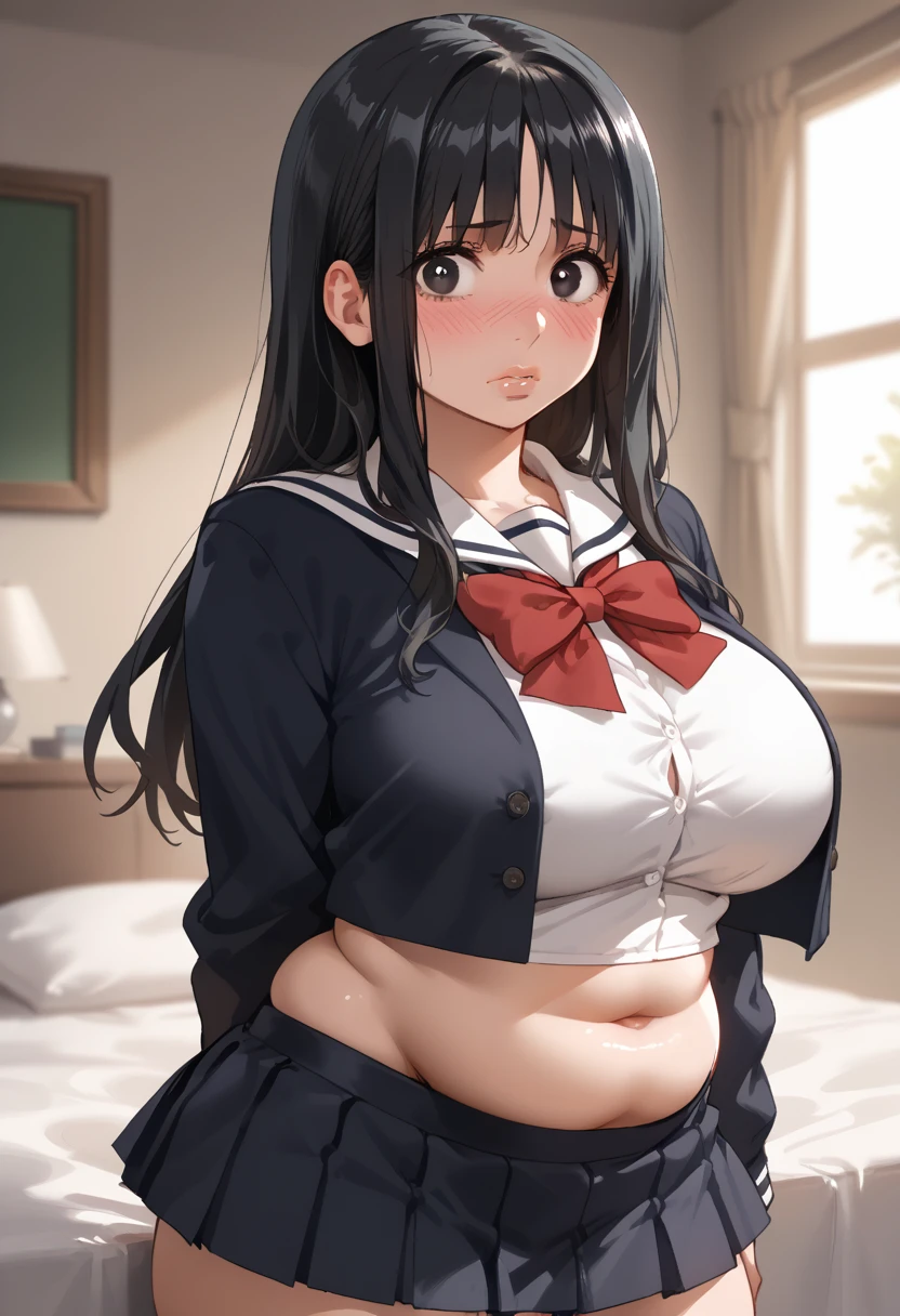 (1girl:1.3), Masterpiece, Best quality, amazing beauty, 4K, absurdres, finely detail, super detailed eye, perfect anatomy, official art, cinematic lighting, BREAK, bedroom:1.5, silky half up hair, (black hair:1.5), super shiny detailed black eye, tareme, full lips, round face:1.5, embarrassed, young face:1.2, BREAK , big breasts, chubby, Young body, , BREAK , (White school uniform:1.2), (dark blue mini skirt:1.2), BREAK,()