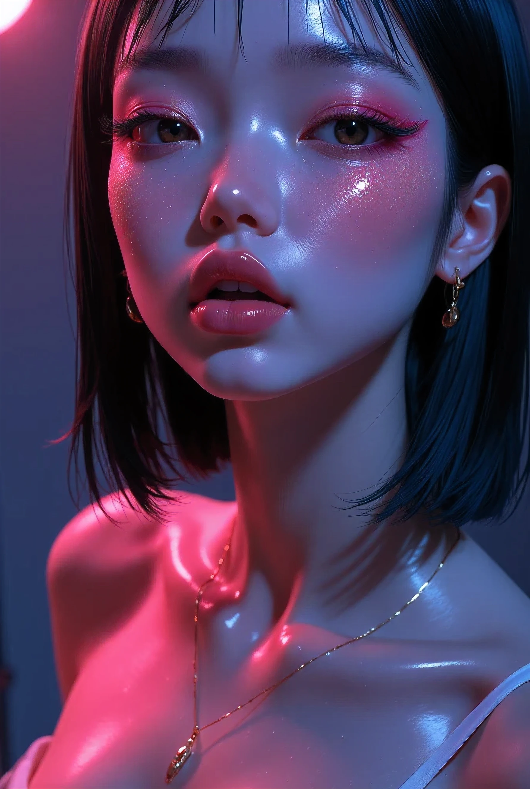 80’s glam rock makeup on shiny android face, anime, Glittery face, moody lighting, (purples, pinks, and blues), iridescent face, abstract ai model, pretty, sexy, minimal, sleek, slender, asian, elegant, chic, futuristic, retro, sophisticated half human half machine, close up face portrait, cleavage,