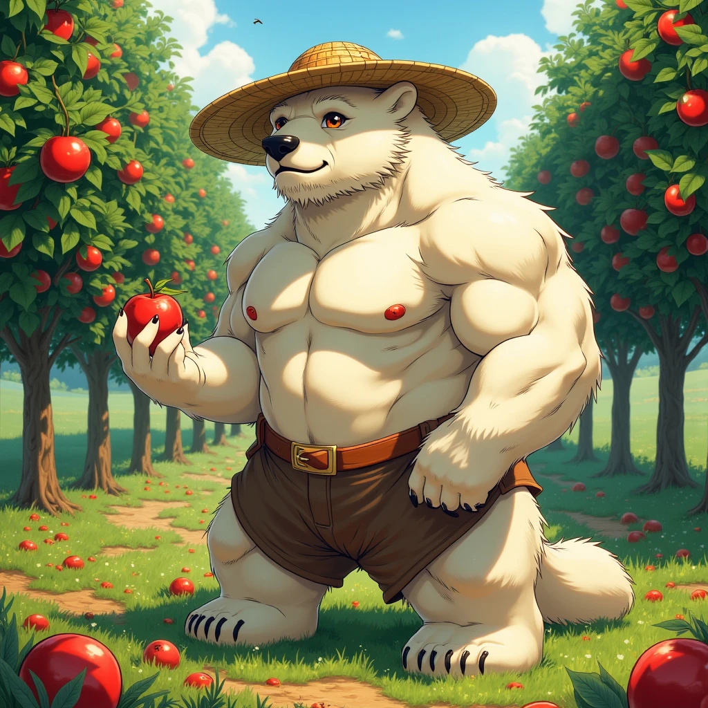 farmer, a muscular middle-aged clothing polar bear man, full body in Michelangelo Buonarroti style, digital illustration anime, character focus, full body, looking away, from above, niji6, niji5, BREAK happy, little smile, clothed, costume, straw hat, shirt, pants, sweet apple, harvesting fruits, dynamic pose, detailed painting landscape, morning, a grove of trees wordnet, tall sweet apple trees, outdoor, BREAK complete anatomy, perfect proportions, beautiful thigh gap, fluffy body, intricate fur details, beautiful fur texture, BREAK detailed polar bear tail, detailed toe, 5toes, 5toes nails, beautiful foot, detailed hands, 5fingers, 5fingers nails, BREAK anime face, insanity detailed face, male face, big face, square jawline, anime intense eyes, detailed brown eyes, detailed brown cornea, detailed dark brown irises, detailed pupils, male eyes, male eyebrows, beautiful beard, BREAK masterpiece, official art, best quality, very aesthetic, absurdres, super fine illustration, great quality, BREAK noise reduction, very highres, large filesize, high quality, 32K, 8k wallpaper, dynamic lighting, BREAK insanity detailed, ultra detailed, intricate details, extremely detailed, detailed texture, an extremely delicate and beautiful, full color, BREAK e621 tag, Fur Affinity illustration, osukemo, kemohomo, anthropomorphic, furry, harmonious eyes, pastoral face, virtuous body, harvesting atmosphere