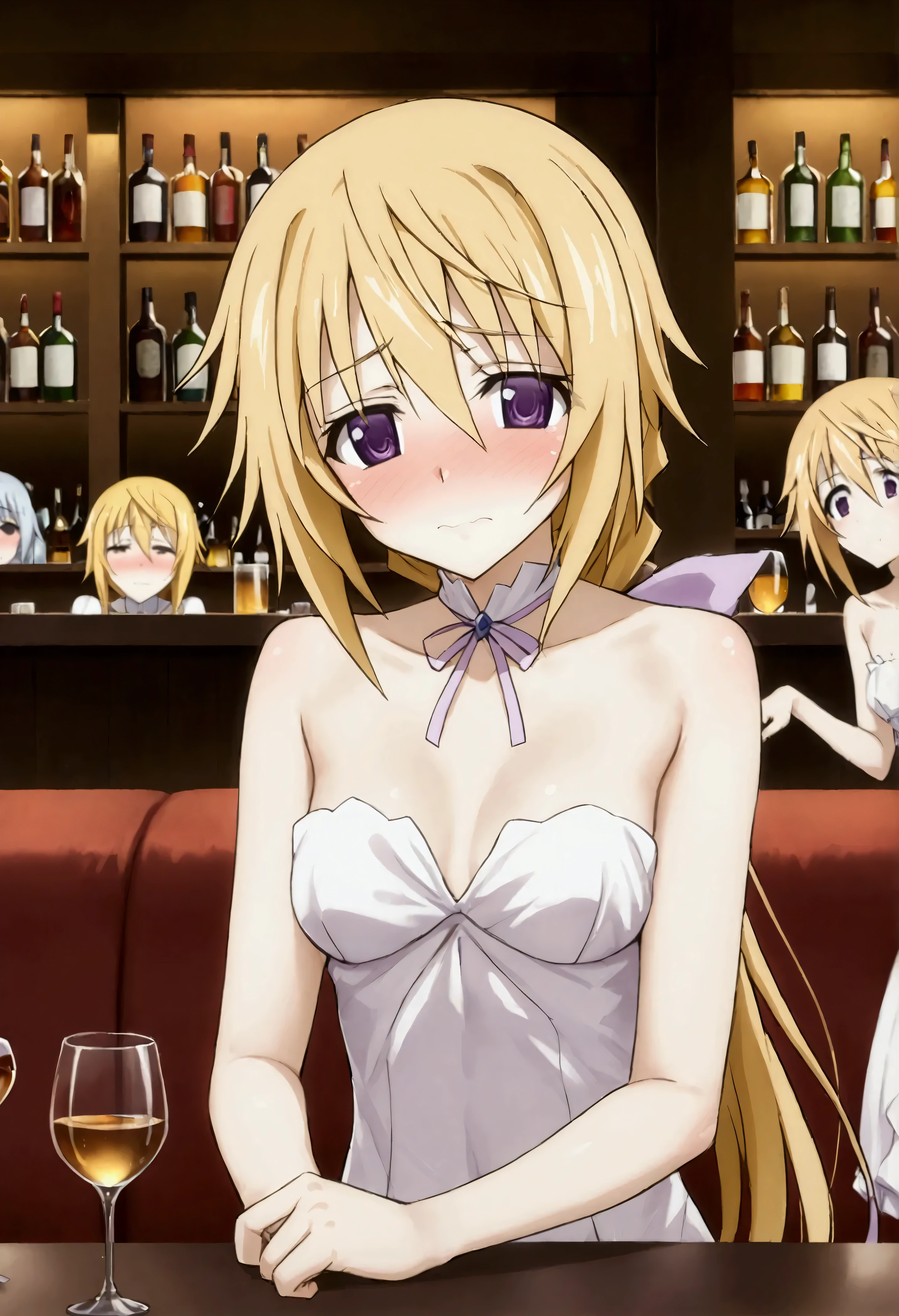 NSFW,masterpiece,Best Quality,High resolution,Very detailed,Charlotte Dunois\(Infinite Stratos\),Long Hair、Blonde Hair、ribbon、Purple Eyes、ponytail、ヘアribbon,Evening Dresses,Chest cut-in,slit,Drunk,Intoxication,Embarrassed,blush,Hollow Eyes,Hollow Eyes,Sleepy face,bar,Sofa,Low table