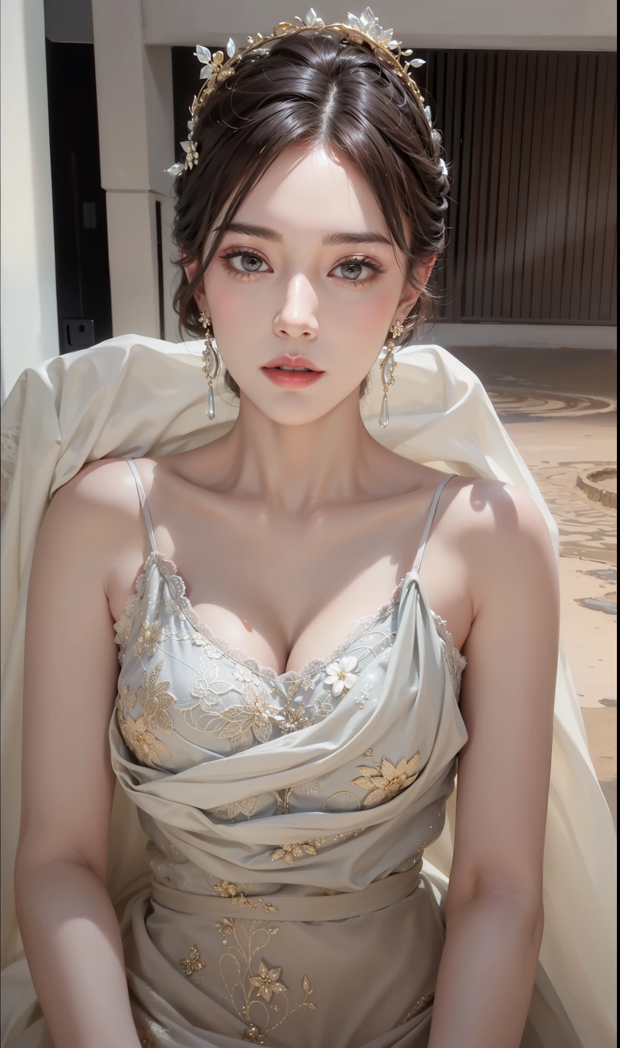 Very detailed, Delicate face, Realistic style, Stock Photography , Colorful, Surrealism, Realistic texture, Dramatic Lighting, Distiller 800 (8K, Original photo, Better quality, masterpiece: 1.2), Very detailed, (Extremely delicate skin: 1.2), 8K Ultra HD, SLR camera, Soft lighting, high quality, Frozen Queen,Snow Castle,Blue pupils,Put on red lipstick,Gorgeous Clothing, Gold Jewelry,Printed lace,Moon Goddess,Lace Print Dress,Intricate tattoo designs,Exquisite and luxurious decoration,Princess in a gorgeous crystal and diamond dress,Beautiful and gorgeous tattoos,Gold and gemstone jewelry,Breast symmetry,