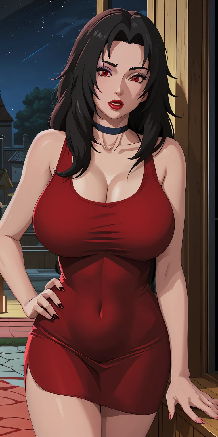 masterpiece, best quality, extremely detail 8k cg, high resolution, 1girl, mature female, RedTankTop_KurenaiYuhi_ownwaifu, 1girl, black hair, long hair, lipstick, makeup, red eyes, red lips, large breasts, lips, cleavage, red dress, short dress, collarbone, tank top, bare shoulders, choker, collarbone, titsonastick, beautiful face, night time, konohavillage, outdoors