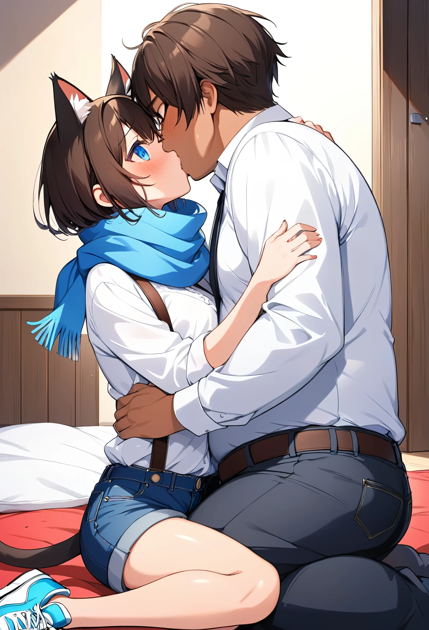 Duo, Female and Male, (Anthro deer, Short Brown hair, Brown fur with white spots, Green eyes, Small breasts, White button up shirt, Blue skirt, Blue tie, White tights, Black collar chocker), Detailed background, Dark hotel bedroom, Lights tuned off, Tape mouth gag, Hands tied with tape, Legs tied with tape, Laying down on bed, Eyes closed, Night, Very dark room, Breasts exposed, Nipples, Male grabbing breasts on Female, Male point of view