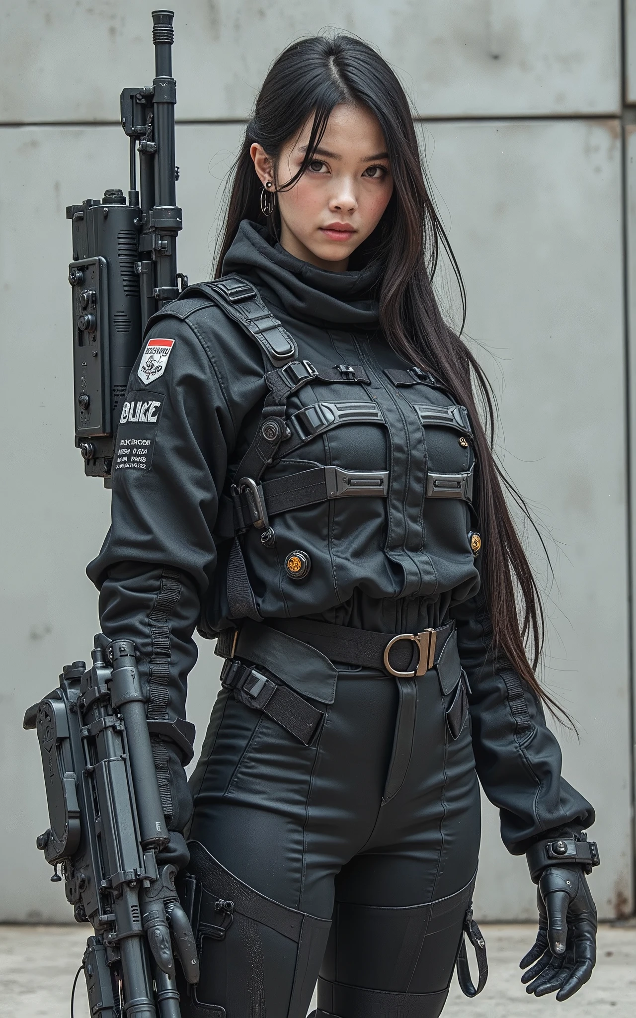 sm), highly condensed 1 beautiful girl, with a delicate and beautiful face, ((cowboy shot)), (a bit chubby:0.4), (wearing black racing suit likes police uniform, black and grey mecha, wearing military harness, holding a machinegun), background simple grey concrete