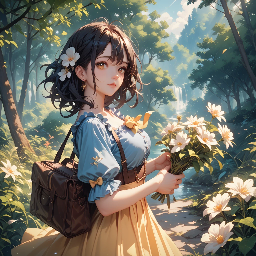 1woman, LONG black hair, brown eyes, blue top with puffy sleeves, holding up her Flowy yellow skirt, red bow in her hair, beautiful spring scenery on a forest clearing, sunshine, perfect eyes