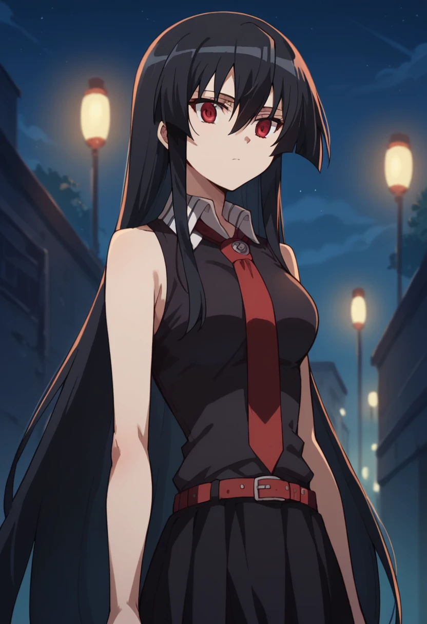 1girl,solo,akame, long hair, black hair, red eyes, hair between eyes,
skirt, dress, necktie, sleeveless, belt, shirt, black shirt, collared shirt, red necktie, black skirt,background streets night time