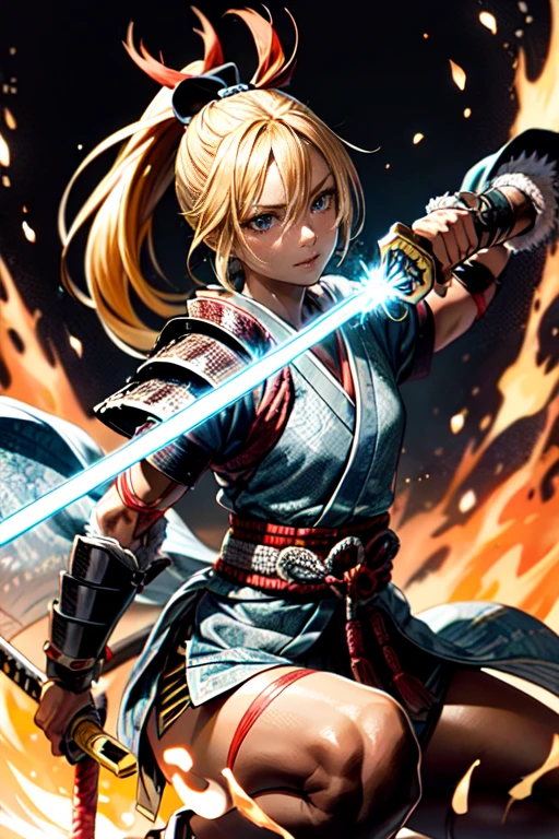 One Girl,anime,Anatomically correct, A series of character actions,,ponytail, masterpiece, Textured Skin, Action Painting, Heavy makeup, Brown Skin,Perfect Face,Perfect Eyes,Samurai,samurai,Sengoku Warlordsの鎧,Waist Armor,A blow with a sword,Small breasts,Thin thighs,Combat with enemies,Calm expression,Flame Attribute,Yellow Hair,Sengoku Warlords,Battle of Sekigahara,Glowing sword effect