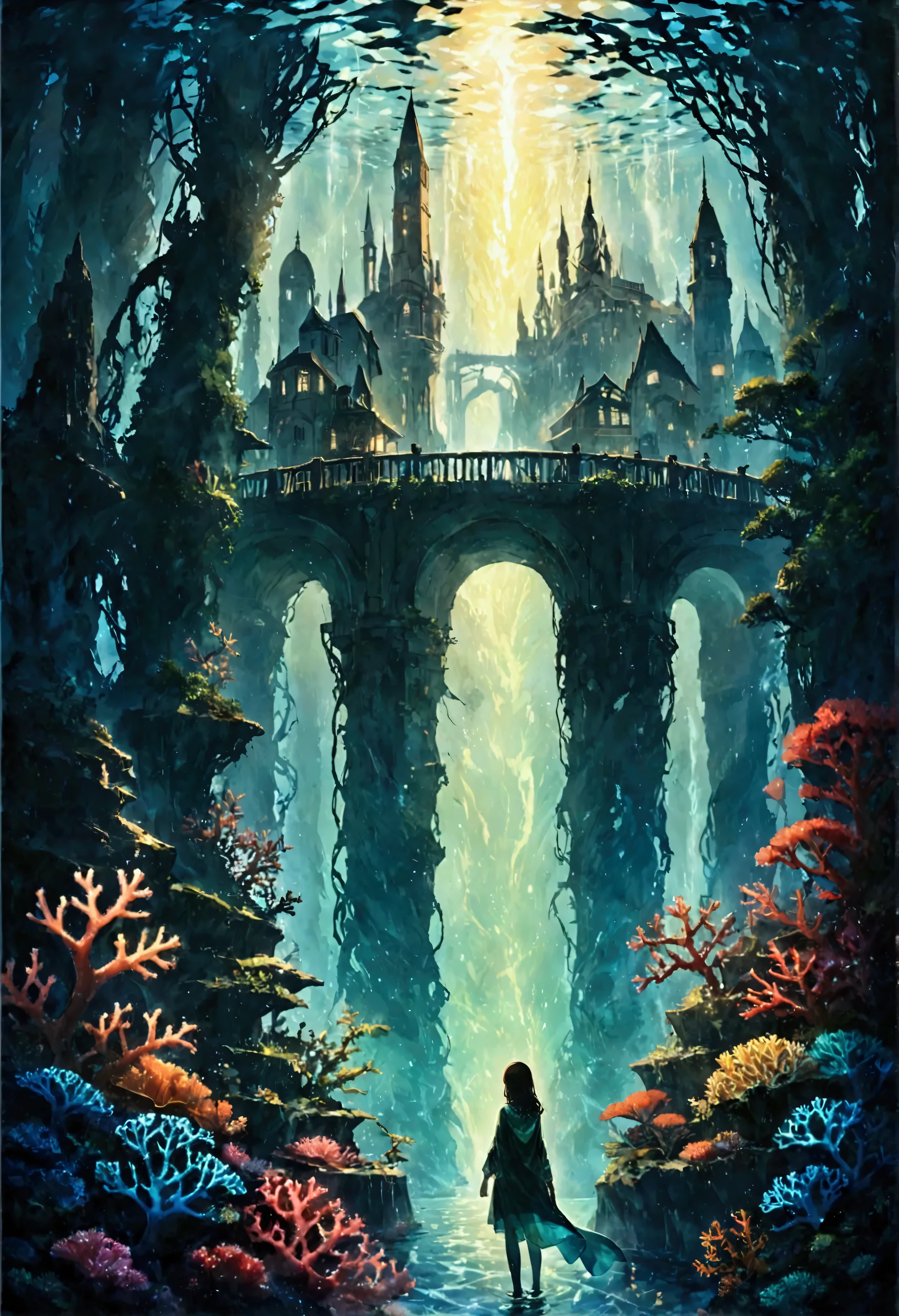 Dive into the depths of a vast and mysterious ocean to uncover the kingdom of the Merfolk, a civilization steeped in legend. At the heart of this underwater utopia is a sprawling city built upon coral reefs, with towers fashioned from translucent sea crystals that catch and refract the light into patterns that play across the ocean floor. Luminous kelp forests sway rhythmically with the tides, their leaves