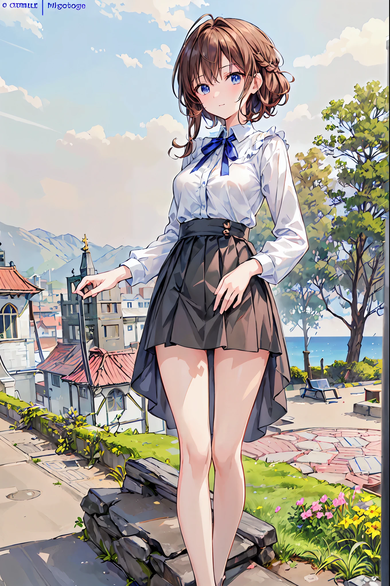 Anime girl in a short skirt and a white shirt standing on a stone wall ...