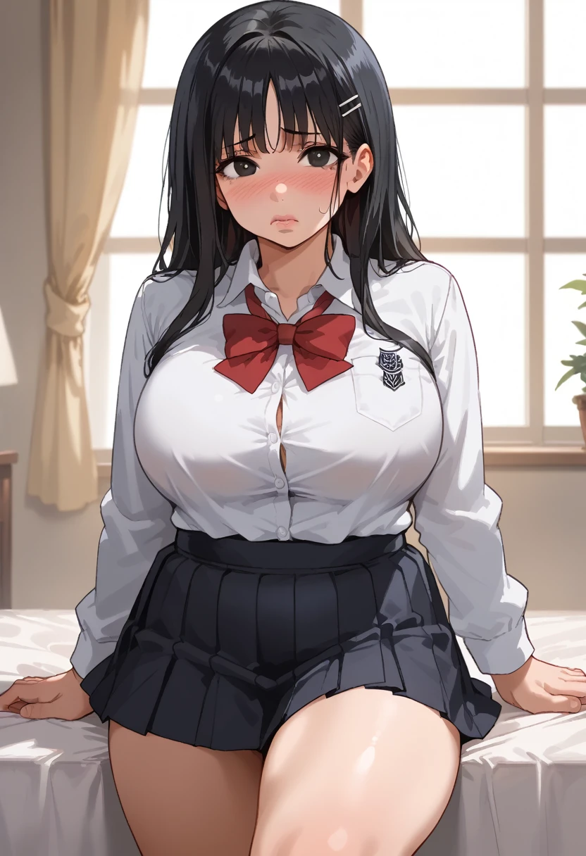 (1girl:1.3), Masterpiece, Best quality, amazing beauty, 4K, absurdres, finely detail, super detailed eye, perfect anatomy, official art, cinematic lighting, BREAK, bedroom:1.5, silky half up hair, (black hair:1.5), super shiny detailed black eye, tareme, full lips, round face:1.5, embarrassed, young face:1.2, BREAK , big breasts, plump, , BREAK , (White school uniform:1.2), (dark blue mini skirt:1.2), BREAK,()