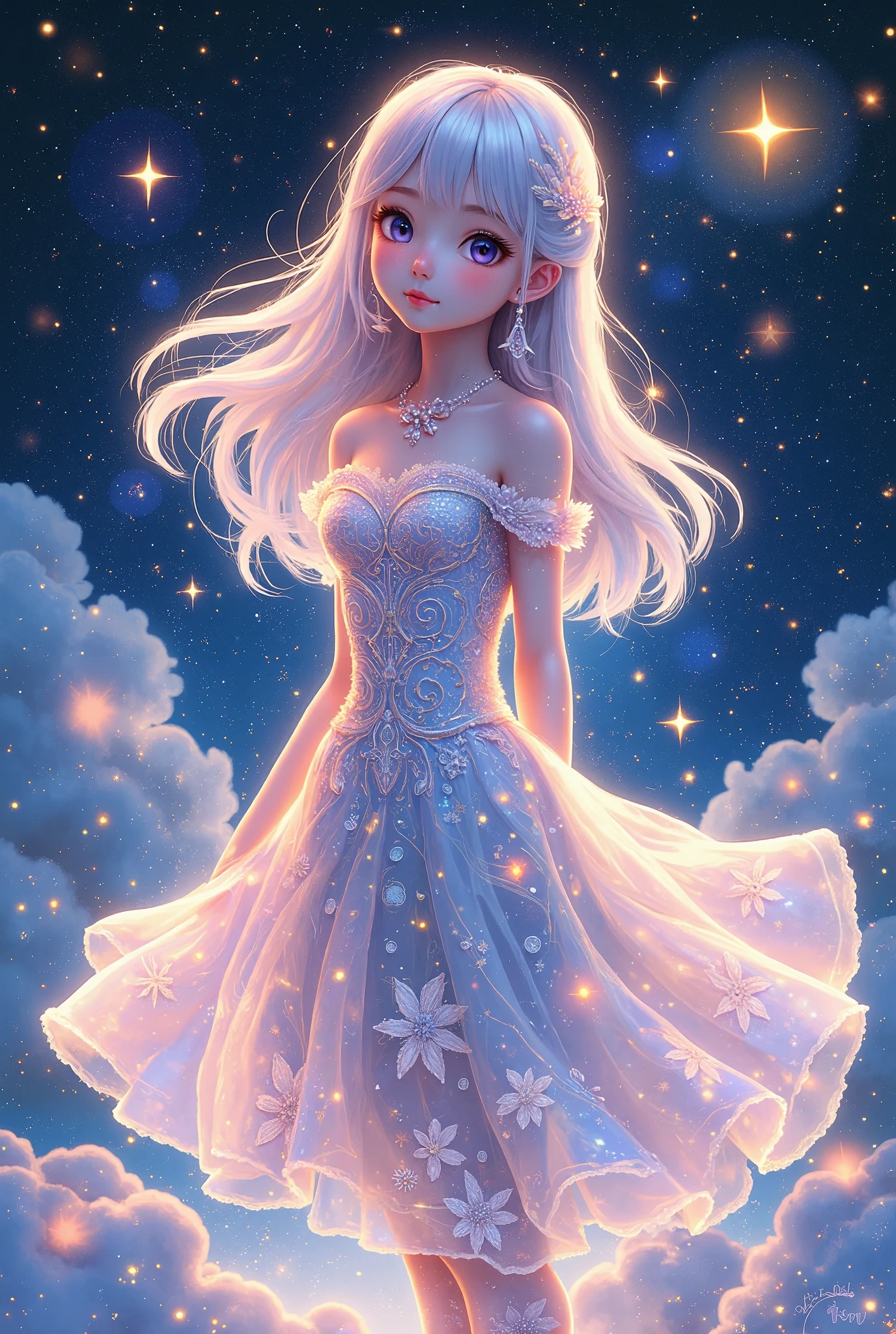 Anime Girl Beauty in Elegant Dress Full Length, with Clear Detailing, Background Sky and Stars Twinkle across the sky as Animals emerge, clear complex details, Game of Shadows, Patterns flow across the net as if through a neural network, semi transparent, Very detailed, 8 k, wallpaper, Ultra Maximum Image Quality, masterpiece,