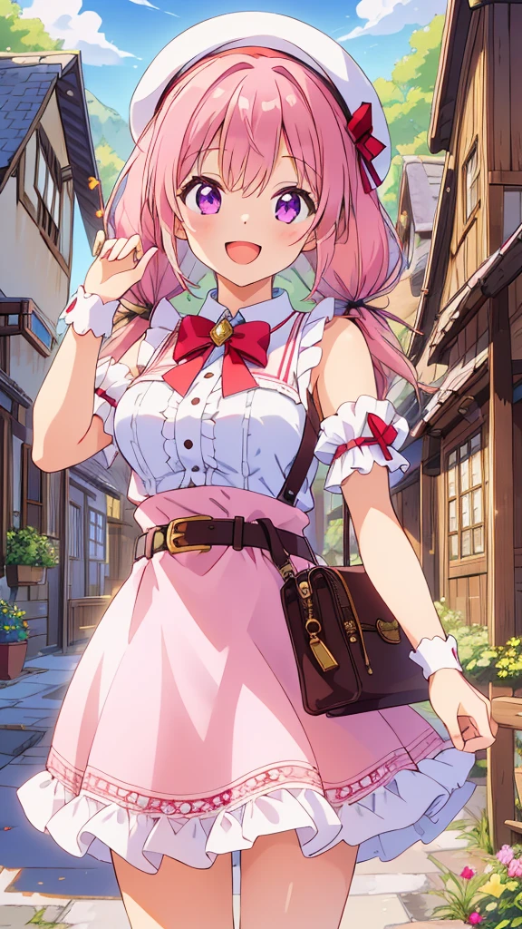 ((8k, Highest quality, masterpiece: 1.3)),Ultra-high resolution,(1 girl, alone), Highly detailed dark purple eyes, Highly detailed face, 
The scene depicts a cheerful anime-style girl standing in a lively, fantasy town square. She has light pink hair styled into twintails, which curl slightly at the ends, giving her a playful and energetic look. She wears a red beret with fluffy white pompoms, matching the festive and cute elements of her outfit. Her attire is predominantly pink, with accents of white and black, decorated with heart motifs and gold armor elements, such as her shoulder guard and belt buckle. A heart-shaped cutout on her top adds a charming detail, emphasizing her vibrant personality.
The girl is winking playfully, conveying a sense of joy and friendliness. In the background, whimsical medieval-inspired buildings with curved rooftops and timber framing line the streets, while a majestic blue-topped castle rises above the townscape, suggesting a fantasy kingdom setting. The bright, sunny sky and the abundance of greenery around the town add to the warm and welcoming atmosphere. The overall composition gives a sense of lighthearted adventure, with the character appearing as both approachable and ready for exciting experiences in a magical world.