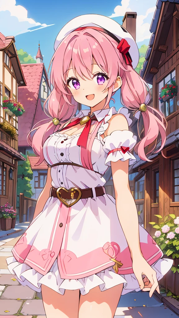 ((8k, Highest quality, masterpiece: 1.3)),Ultra-high resolution,(1 girl, alone), Highly detailed dark purple eyes, Highly detailed face, 
The scene depicts a cheerful anime-style girl standing in a lively, fantasy town square. She has light pink hair styled into twintails, which curl slightly at the ends, giving her a playful and energetic look. She wears a red beret with fluffy white pompoms, matching the festive and cute elements of her outfit. Her attire is predominantly pink, with accents of white and black, decorated with heart motifs and gold armor elements, such as her shoulder guard and belt buckle. A heart-shaped cutout on her top adds a charming detail, emphasizing her vibrant personality.
The girl is winking playfully, conveying a sense of joy and friendliness. In the background, whimsical medieval-inspired buildings with curved rooftops and timber framing line the streets, while a majestic blue-topped castle rises above the townscape, suggesting a fantasy kingdom setting. The bright, sunny sky and the abundance of greenery around the town add to the warm and welcoming atmosphere. The overall composition gives a sense of lighthearted adventure, with the character appearing as both approachable and ready for exciting experiences in a magical world.