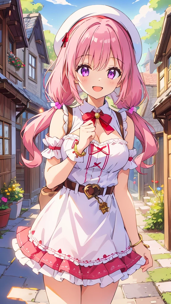 ((8k, Highest quality, masterpiece: 1.3)),Ultra-high resolution,(1 girl, alone), Highly detailed dark purple eyes, Highly detailed face, 
The scene depicts a cheerful anime-style girl standing in a lively, fantasy town square. She has light pink hair styled into twintails, which curl slightly at the ends, giving her a playful and energetic look. She wears a red beret with fluffy white pompoms, matching the festive and cute elements of her outfit. Her attire is predominantly pink, with accents of white and black, decorated with heart motifs and gold armor elements, such as her shoulder guard and belt buckle. A heart-shaped cutout on her top adds a charming detail, emphasizing her vibrant personality.
The girl is winking playfully, conveying a sense of joy and friendliness. In the background, whimsical medieval-inspired buildings with curved rooftops and timber framing line the streets, while a majestic blue-topped castle rises above the townscape, suggesting a fantasy kingdom setting. The bright, sunny sky and the abundance of greenery around the town add to the warm and welcoming atmosphere. The overall composition gives a sense of lighthearted adventure, with the character appearing as both approachable and ready for exciting experiences in a magical world.