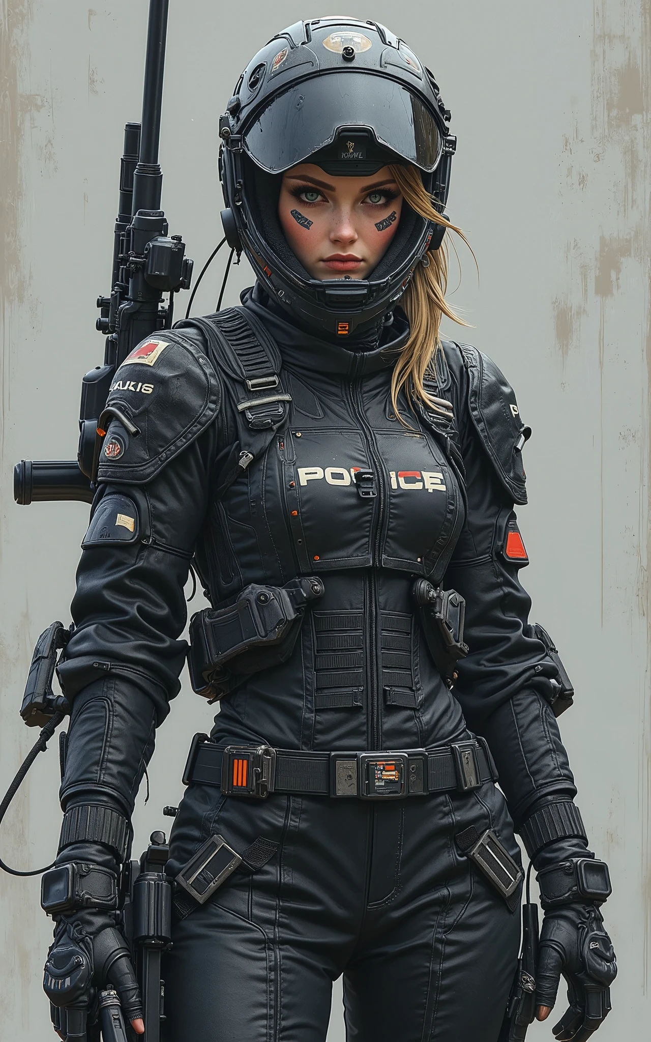 sm), highly condensed 1 beautiful girl, with a delicate and beautiful face, ((cowboy shot)), (a bit chubby:0.4), (wearing black racing suit likes police uniform, black and grey mecha, wearing military harness, holding a machinegun), background simple grey concrete