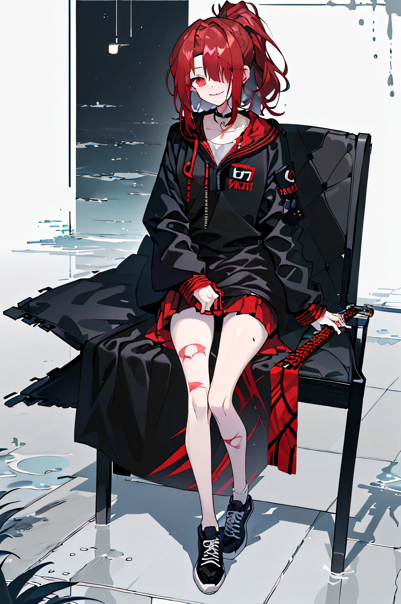 1girl, (Taken from a distance:1.5),(frontal:1.5),(sitting on a chair, Holding a bamboo sword:1.5),(큰 키 체형 Kendo Club 복장, A skirt that is so long that it covers the legs, Kendo Club, Long plain gi, seashore, Palm tree, ocean, water particles, Beautiful water, azure, Beautiful shade, Lively:1.5), (morning, Sunshine:1.5), (Beautiful shade:1.5),(A well-made chest:1.5), (Dark red eyes:1.5), (hair over one eye, rustling and messy hair, A full ponytail, Dark red hair, Long hair with strong curls, The left eye is covered by hair, Ponytail that falls below the waist:1.5), (sneakers, flushing:1.5), (Smiling faintly, Devilish smile, dead eyes, Eyes without pupils:1.5), (moderate muscle, sunken waist, Wounds all over my body:1.3)