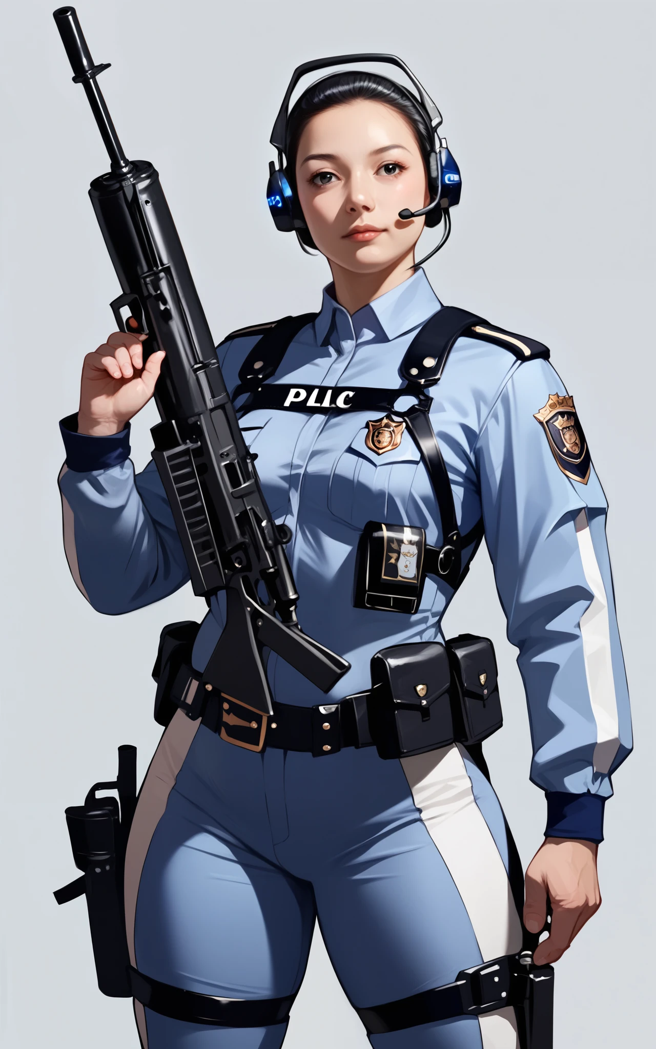 Izayoi Seishin artstyle, (score_9, score_8_up, score_7_up), Highest image quality, outstanding details, ultra-high resolution, (realism: 1.4), ((face portrait:1.25)), highly condensed 1lady, with beautiful and a delicate face, perfect proportion, (chubby:0.3, small breasts), (cloths color base ratio blue:0.4 white:0.3 other-color:0.3), (wearing racing suit likes police uniform, black and gray mecha, wearing high-tech headset, military harness, holding a machinegun), aiming with bazooka rifle, background simple gray wall,,