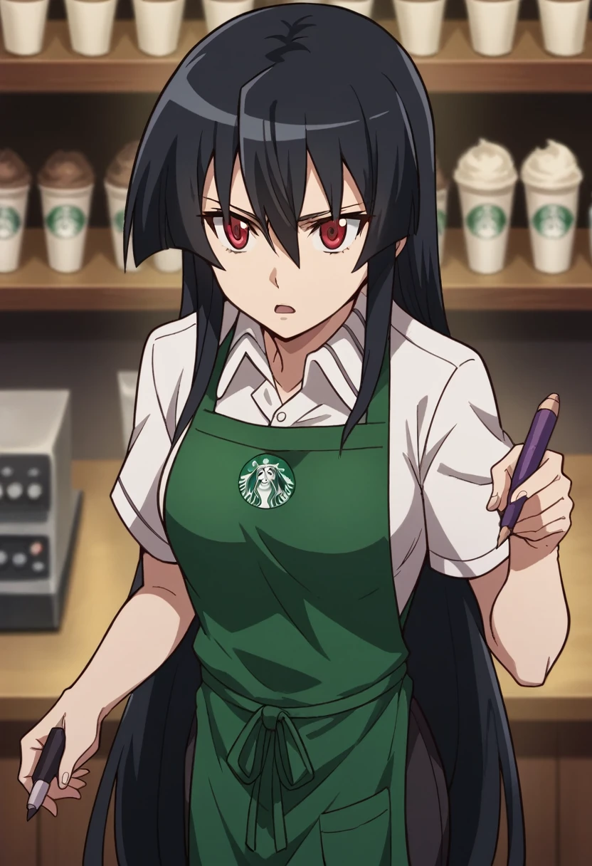 1girl,solo,akame, long hair, black hair, red eyes, hair between eyes, starbuni, emblem,green apron,starbucks, holding pen, from above, cowboy shot, looking up, serious, open mouth, best quality,medium quality,