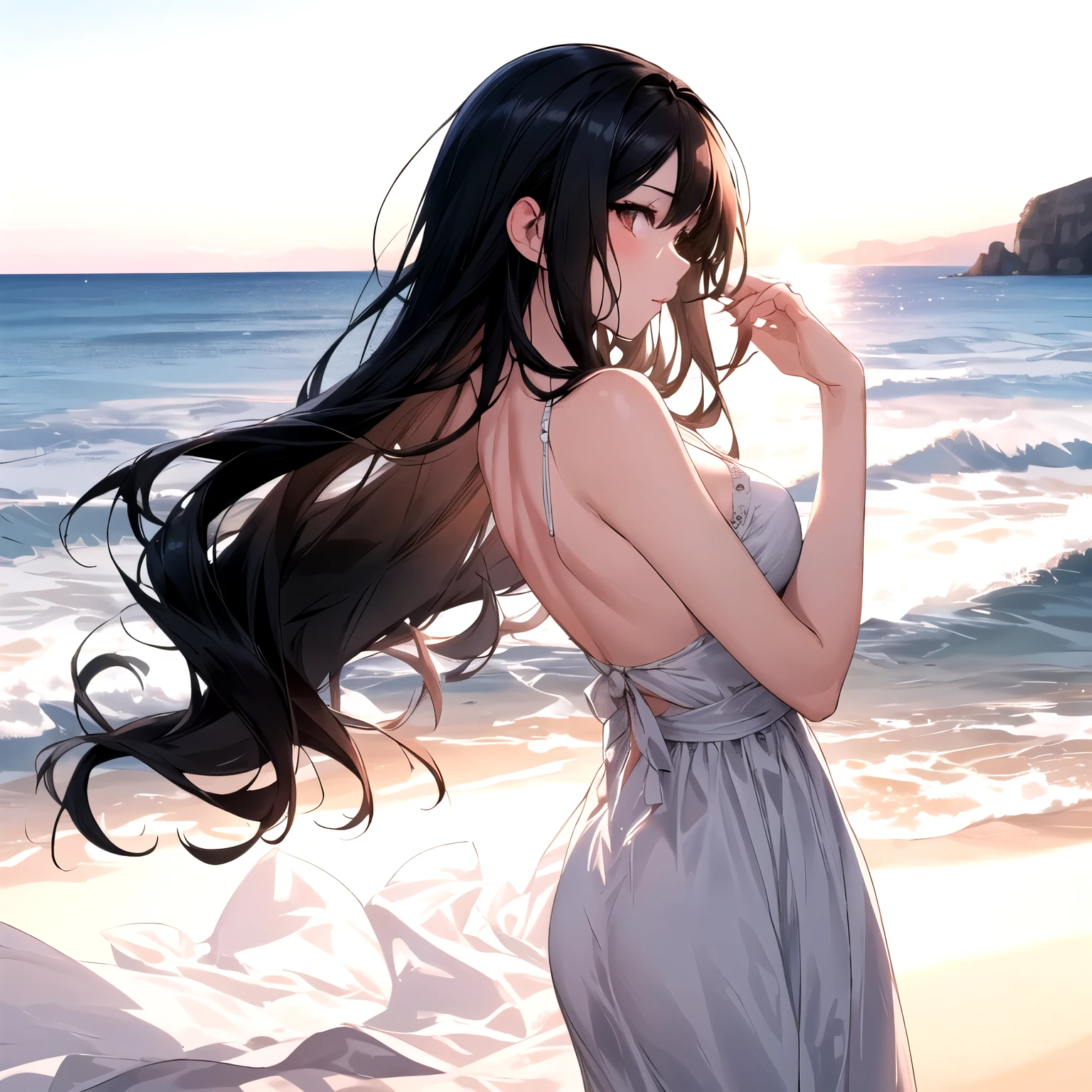 Sandy beach with rising sun as background　Upper body only　Woman with long black hair　A profile gazing at the dazzling morning sun　　White dress　