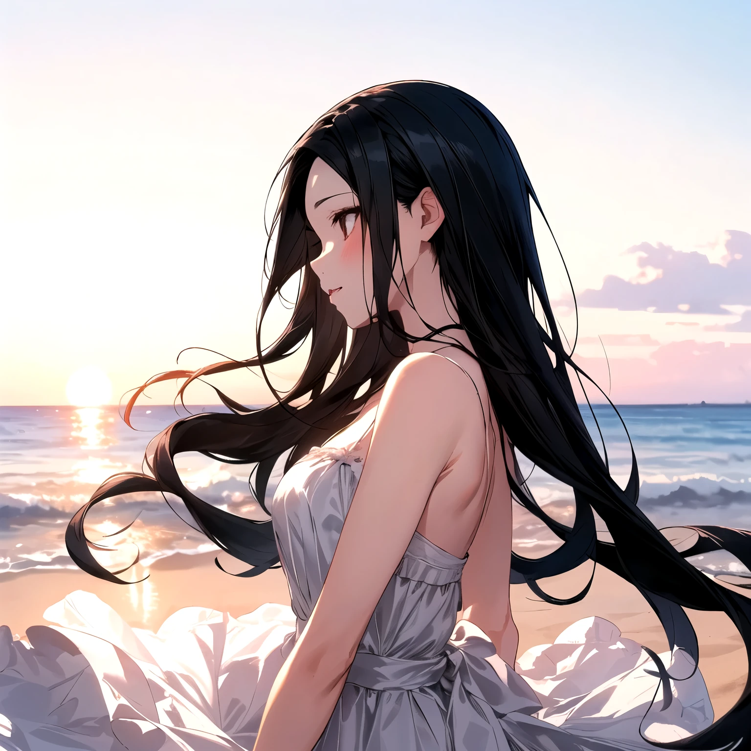 Sandy beach with rising sun as background　Upper body only　Woman with long black hair　A profile gazing at the dazzling morning sun　　White dress　