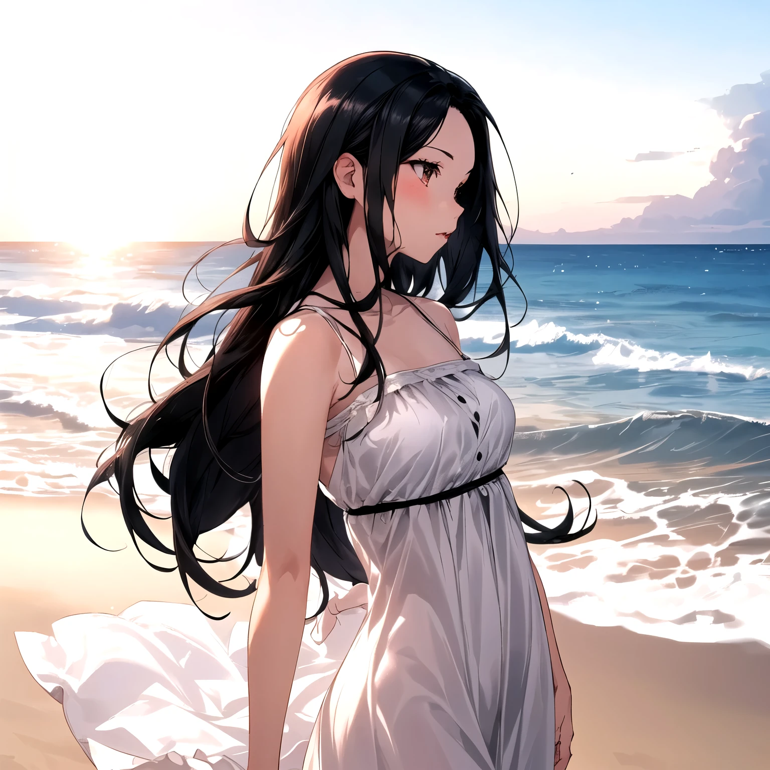 Sandy beach with rising sun as background　Upper body only　Woman with long black hair　Profile of a person watching the morning sun　　White dress　