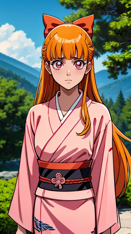 (1girl, Alone, Blossom), (extremely detailed CG unit 8k wallpaper),(master part), (best quality), (ultra detail), (best illustration),(bleach style), cowboy shot, (Sharp eyeliner, ombre, detailed eyes:1), japanese garden, outdoors background, ,break,  (Kimono V2.0), upper body, orange hair,long hair, blunt bangs, pink eyes, hair bow, red bow, pink kimono