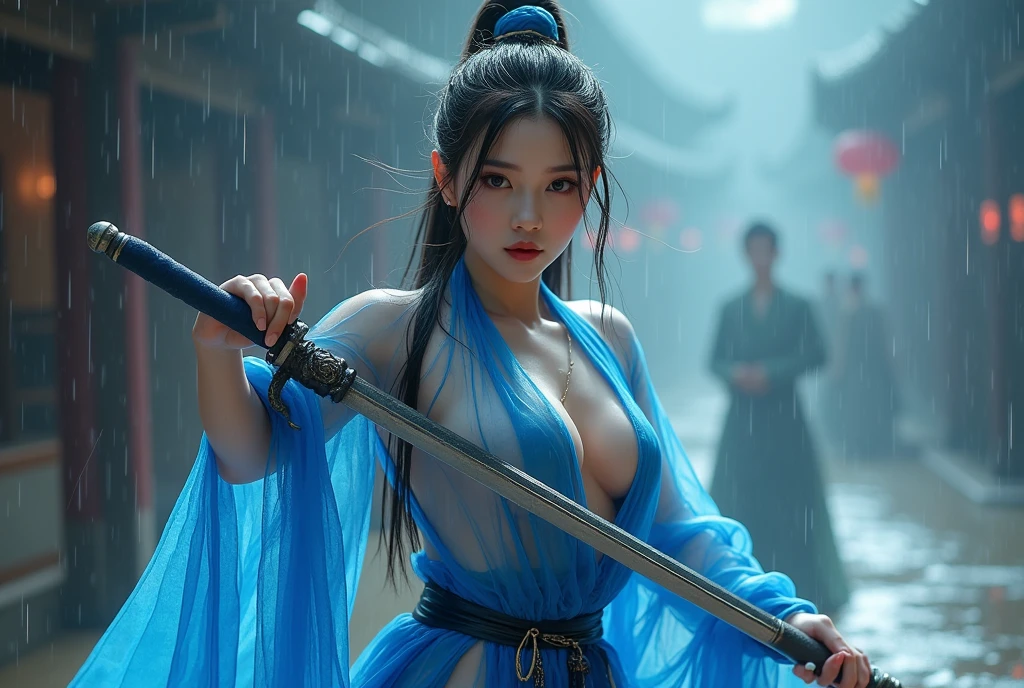 (best quality,4k,8k,highres,masterpiece:1.2),ultra-detailed,(realistic,photorealistic,photo-realistic:1.37),Kung Fu girl in sexy pose,metallic,illustration,Blade and Soul style,fierce expression,sharp sword,sweat dripping,flowing hair,vivid colors,studio lighting,action-oriented,highly detailed muscles,steamy atmosphere,Chinese martial arts,traditional attire,confident stance,mesmerizing eyes,tattooed arms,background of martial arts dojo,stroke of brushwork,energy emanating,graceful movements,heroic heroine,Weaponry expertise,combat-ready glare,leaping victory,elements of fantasy,impactful strikes,high-intensity action,rippling dynamic effects,colorful background,craftsmanship,precise shading,battle-hardened warrior,mesmerizing details,attractive yet powerful,emphasized feminine features