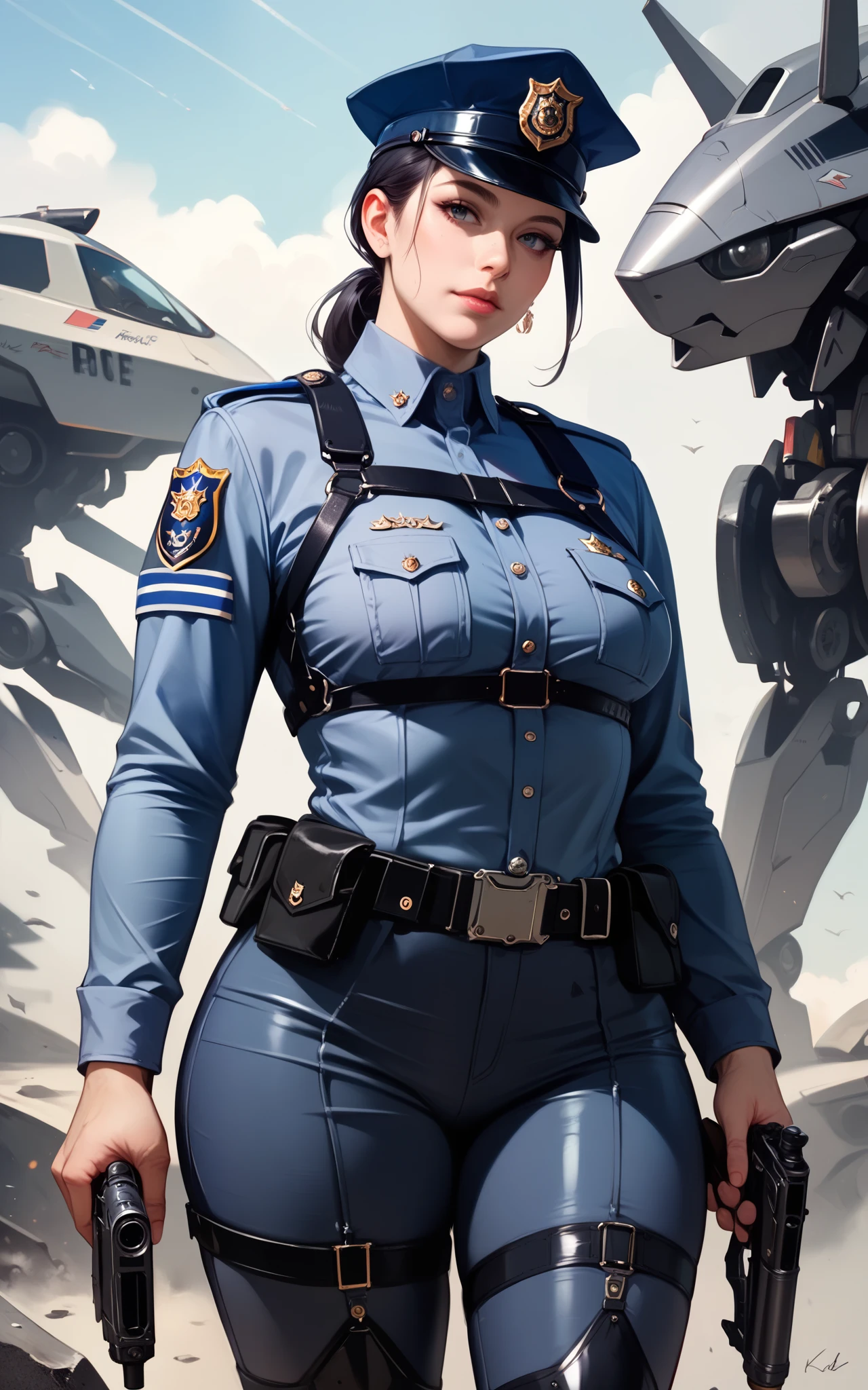 (8K, ARTISTIC (Highest image quality, outstanding details, ultra-high resolution, realism), highly condensed 1 beautiful girl, with a delicate and beautiful face, ((cowboy shot)), (a bit chubby:0.4), (wearing black racing suit likes police uniform, black and grey mecha, wearing military harness, holding a machinegun), background simple grey concrete