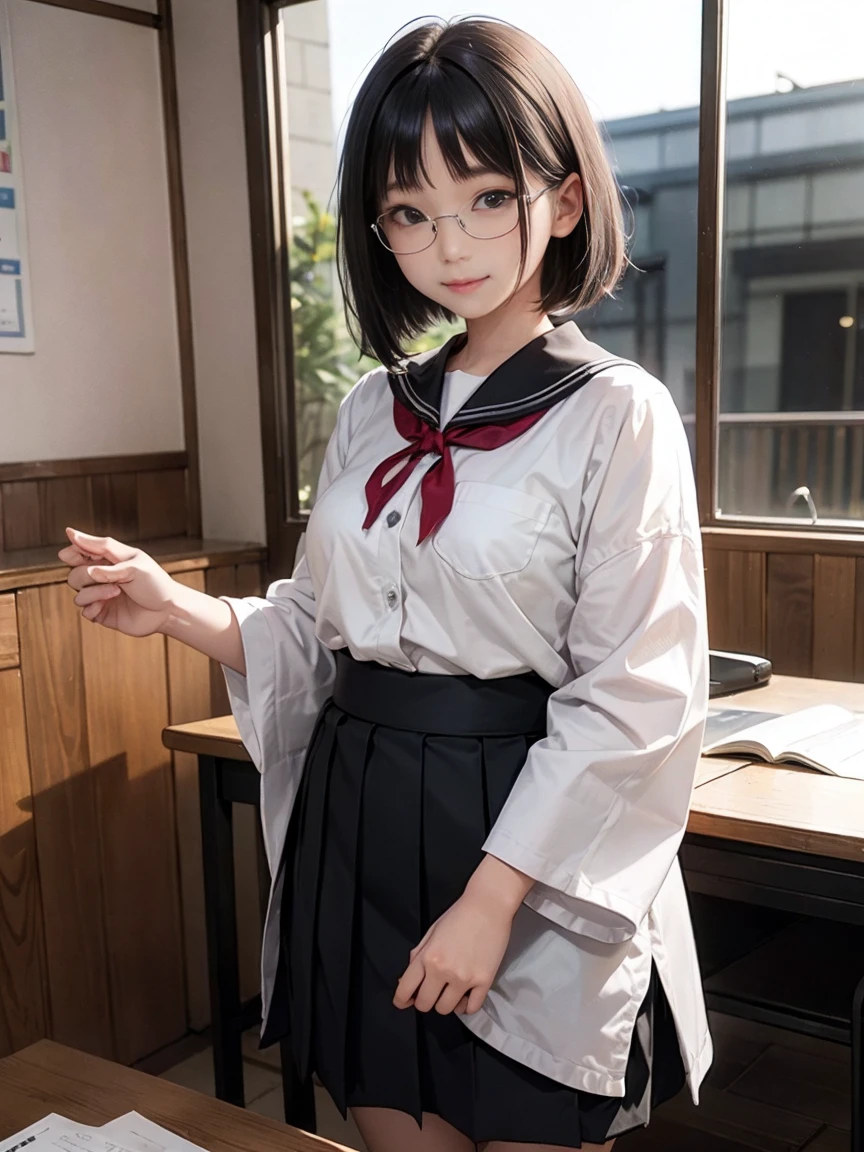 Japanese women, , (Black short bob hair), Plump body, Black Eyes,(Wear rimless glasses) Japanese school girl uniform, (he&#39;Wearing a white shirt, Showing off her bra), Huge breasts, Light grey pleated skirt, Sit on a chair, Seductive pose, Full Body Shot, smile, In the classroom.