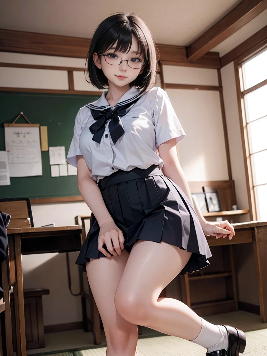 (half eyes)), ((narrowed eyes)), ((solo)), 1 girl,full body,raw photo, frank, (flat breasts),textured skin, (medium hair:1.2), pale skin, Japan persons, glasses, small, young, tall, dark expression, bright black eyes, anger,sticking out ears, sailor uniform,school uniform, blue and dark blue skirt, (purple panties),slender body, medium build, small waist, wide thighs, photorealistic, best quality, 8K, masterpiece