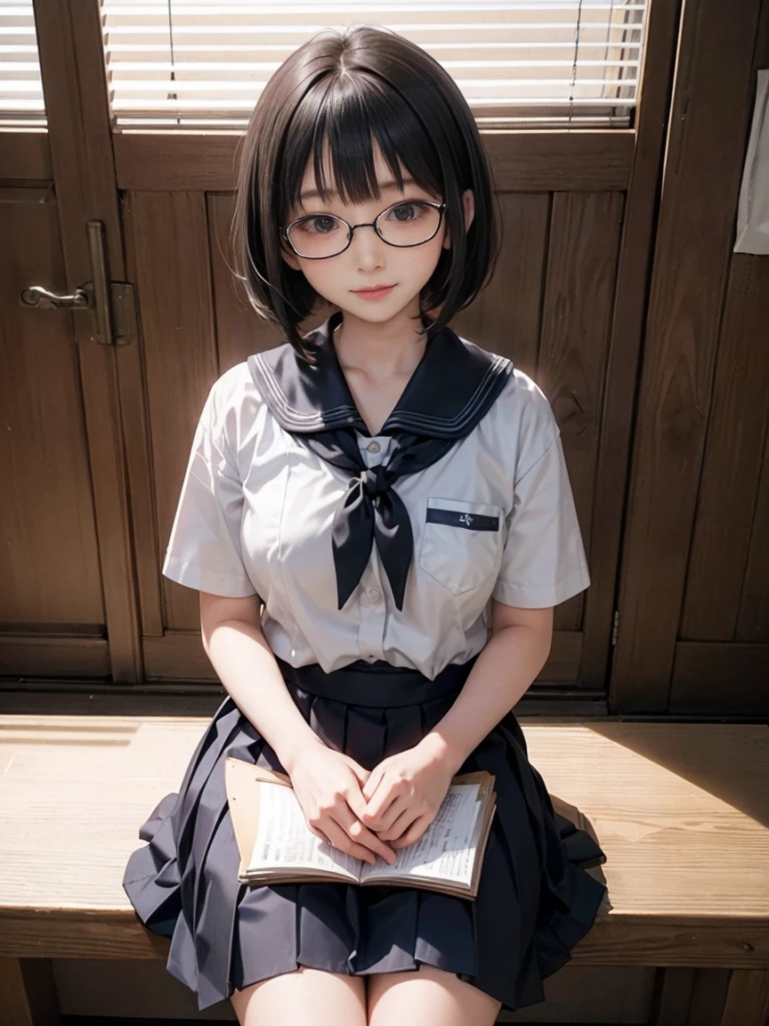 Highest quality、masterpiece、8k、Very detailed、Realistic、One girl、Looking at me with a smile、Black Hair、Braid、Small face、Slender、Big Breasts、Thin and beautiful legs、narrow and constricted waist,、Glasses、Young face、A short-sleeved white shirt with buttons and a collar、Short navy blue pleated skirt、Red ribbon on chest