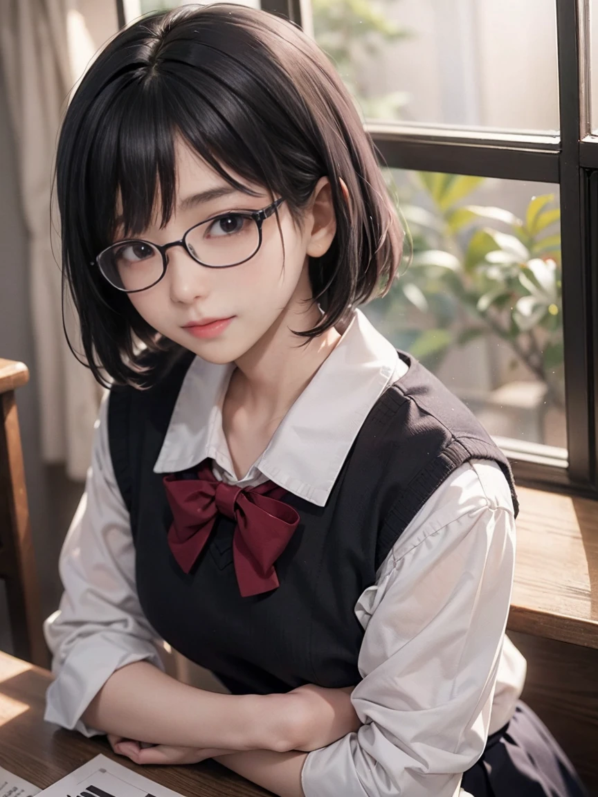 Japanese women, , (Black short bob hair), Plump body, Black Eyes,(Wear rimless glasses) Japanese school girl uniform, (he&#39;Wearing a white shirt, Showing off her bra), Huge breasts, Light grey pleated skirt, Sit on a chair, Seductive pose, Full Body Shot, smile, In the classroom.