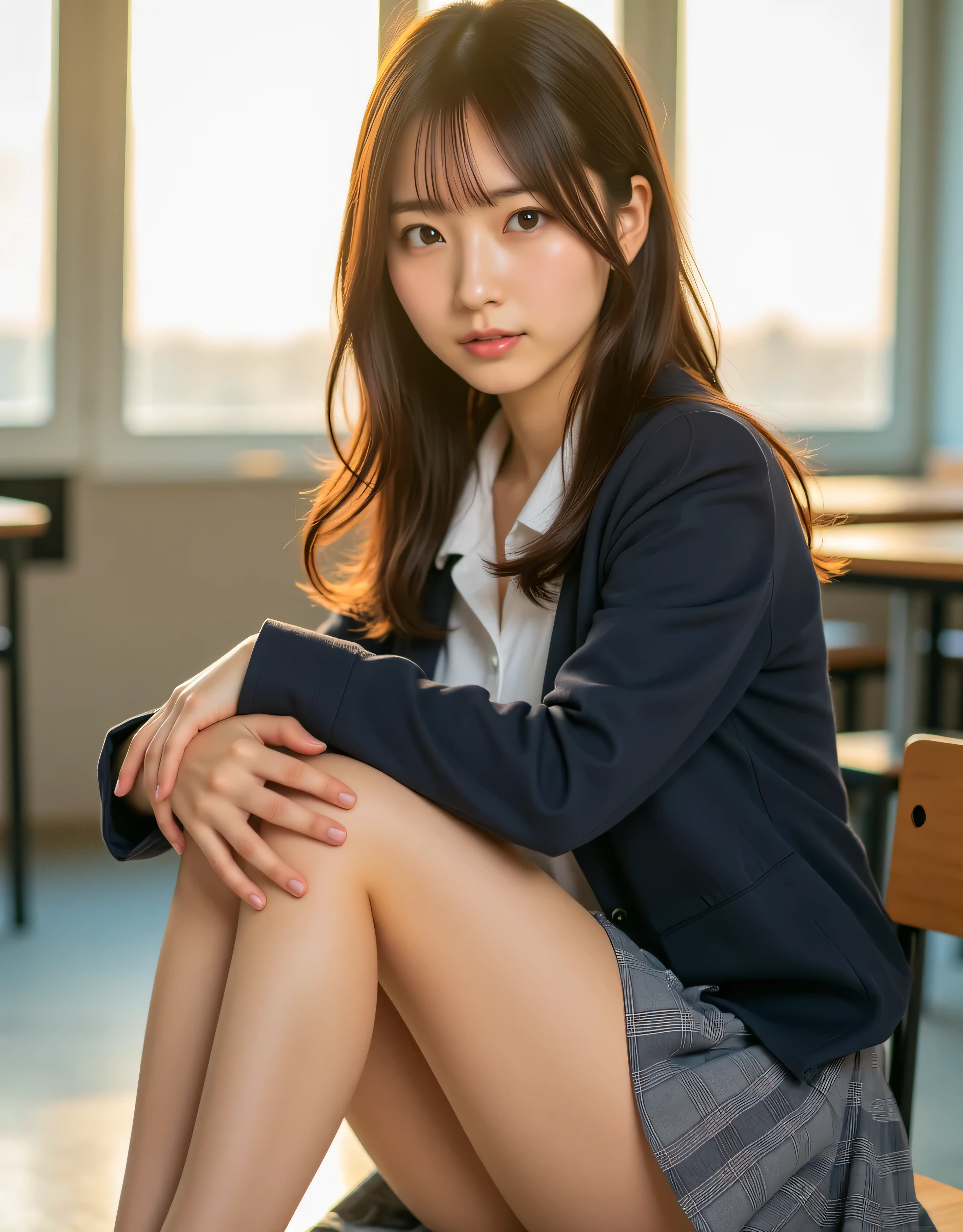 (Realistic:1.3, Photo-realistic:1.5, RAW photo, model photo), Magazine cover photo, she is Japanese high-school student, The perfect figure that everyone aspires to, symmetrical eyes, Light Brown eyes, Double eyelids, Thin eyebrows, Thin lips, Glossy lips, fair skin, Thin legs, Thin feet, (super Detailed skin:1.2), firm skin, (realistic skin:1.2),  (super Detailed eyes:1.2), (cute makeup:1.5), (cute face:1.3), 
break, 
(1girl, Alone:1.3, 23yo:1.3), ((Super detailed beautiful breasts, D-cup breasts):1.3), (firm breast, nicely shaped breasts), ((half-up hairstyle:1.5, long hair:1.3)), no bangs, 
(High school student uniform:1.3), (pleated miniskirt (color : Gray)):1.2, (white shirt, school blazer (color : Navy), (bare-thighs, pin-heels)):1.3), 
break, 
((She sat with her arms crossed and her legs stretched out like a queen, demanding that I lick her feet):1.8), ((and looks down with a seductive smile on her face:1.3)), ((In an empty classroom with the setting sun shining in)), 
break, 
((Full body:1.9)), ((from below:1.3)), ((focus on her foot:1.3)), 