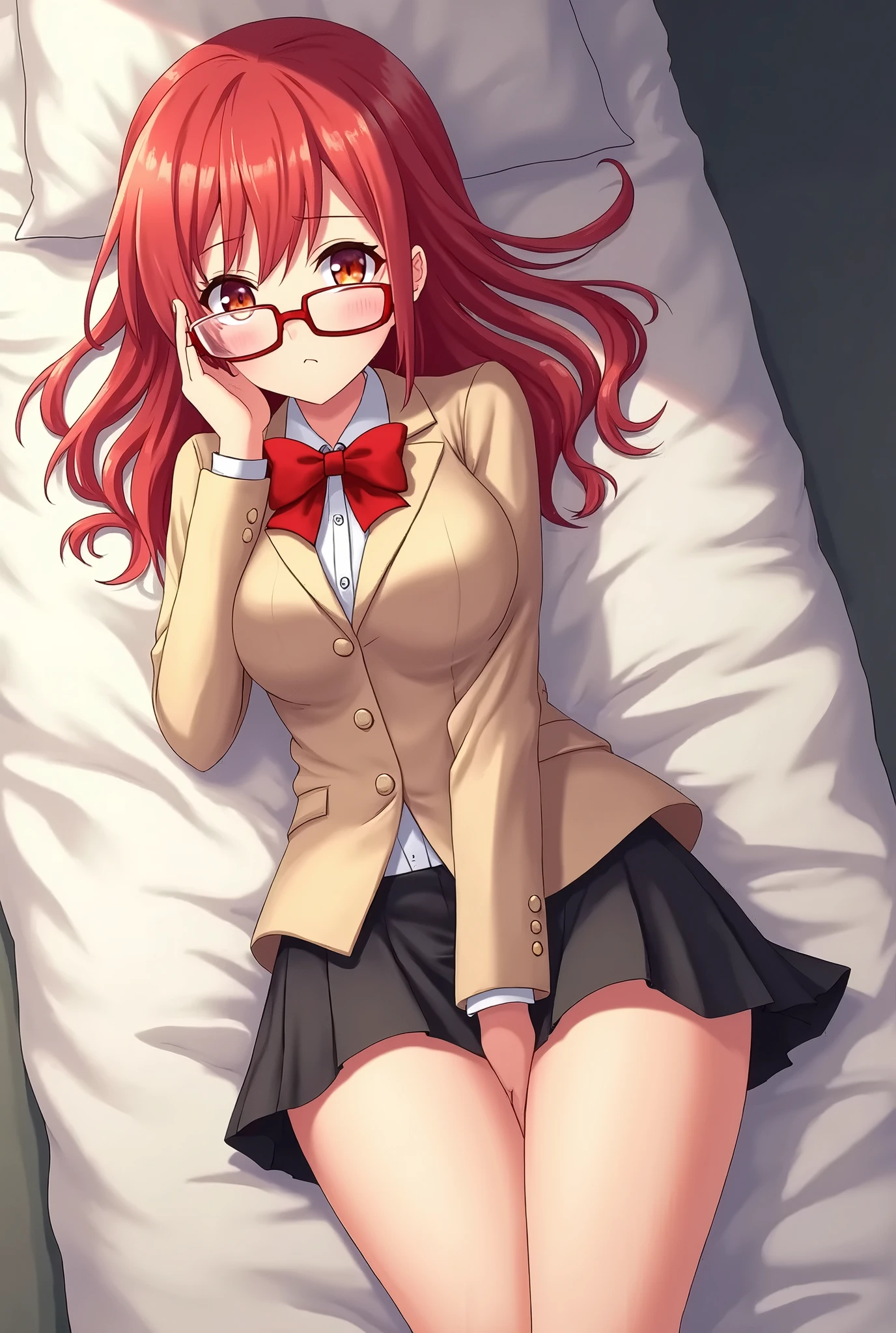 masterpiece, best quality, high resolution,
(sleeping girl and cat), 1cat, fetal position, closed_eyes,
school uniform, ミニスカート,白いパンティー,
top view, bed_sheet,add_detail:1,パンティー見えてる,