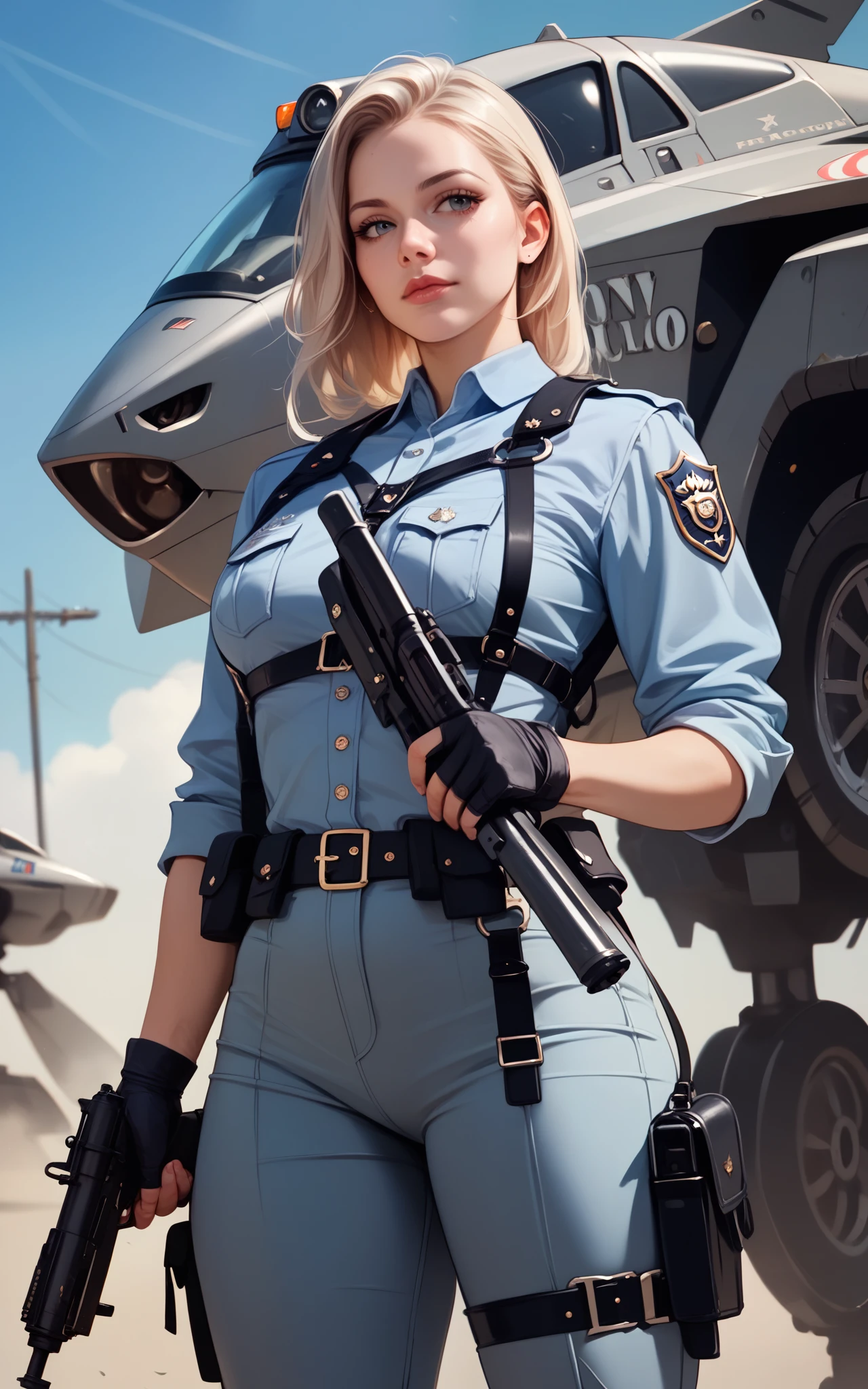 (8K, ARTISTIC (Highest image quality, outstanding details, ultra-high resolution, realism), highly condensed 1 beautiful girl, with a delicate and beautiful face, ((cowboy shot)), (a bit chubby:0.4), (wearing black racing suit likes police uniform, black and grey mecha, wearing military harness, holding a machinegun), background simple grey concrete