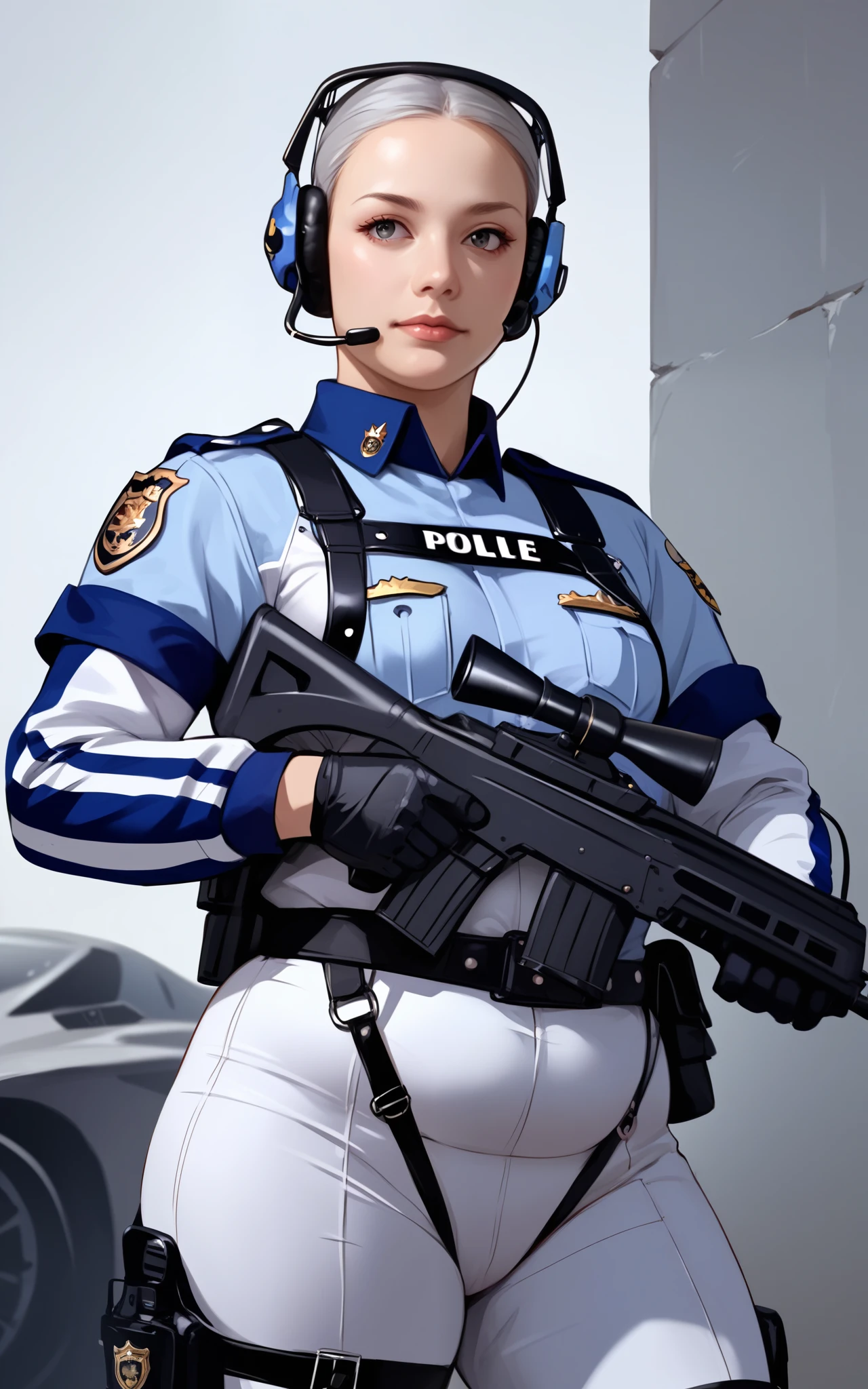 Izayoi Seishin artstyle, (score_9, score_8_up, score_7_up), Highest image quality, outstanding details, ultra-high resolution, (realism: 1.4), ((face portrait:1.25)), highly condensed 1lady, with beautiful and a delicate face, perfect proportion, (chubby:0.3, small breasts), (cloths color base ratio blue:0.4 white:0.3 other-color:0.3), (wearing racing suit likes police uniform, black and gray mecha, wearing high-tech headset, military harness, holding a machinegun), aiming with bazooka rifle, background simple gray wall,,