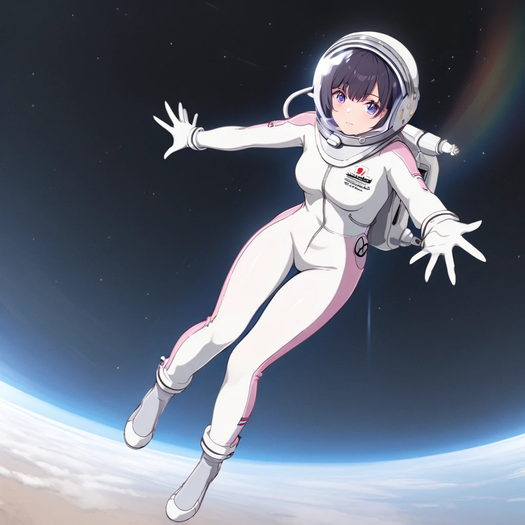 (white back ground):10,simple background ,BREAK masterpiece, (best quality), (highly detailed:1.3), 1girl,solo,fullbody,floating:2,(Space Suit:1.15),short hair, Space Helmet ,Black Hair ,