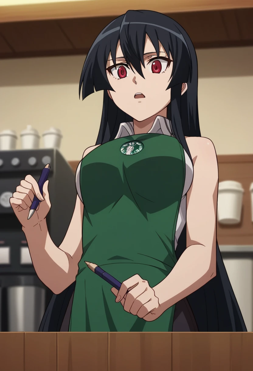 1girl,solo,akame, long hair, black hair, red eyes, hair between eyes, starbuni, emblem,green apron,starbucks, holding pen, from below, portrait, looking down, dark persona, open mouth, best quality,medium quality,