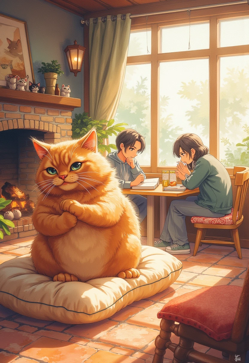 a large maine coon cat grooming itself in the sunlight streaming through the windows of a cozy retro-style cat cafe, with a cat-shaped cushion in front of a fireplace and customers reading books and interacting with the cats, rendered in a soft, watercolor-like style with a warm, niji6, niji5, inviting atmosphere