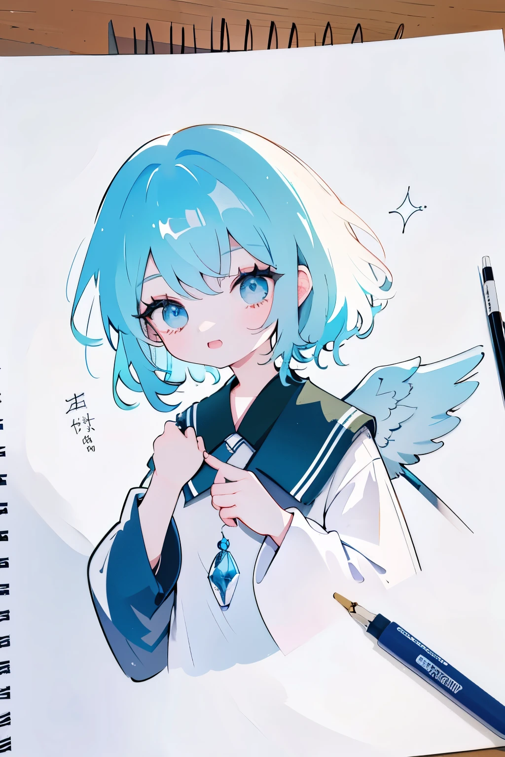 a drawing of a girl with blue hair and angel wings,
