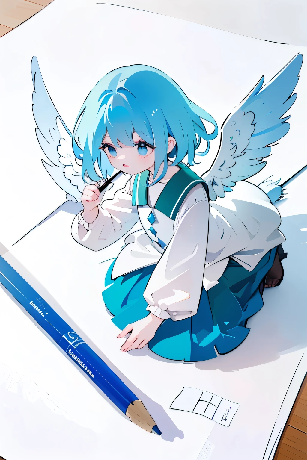 a drawing of a girl with blue hair and angel wings,
